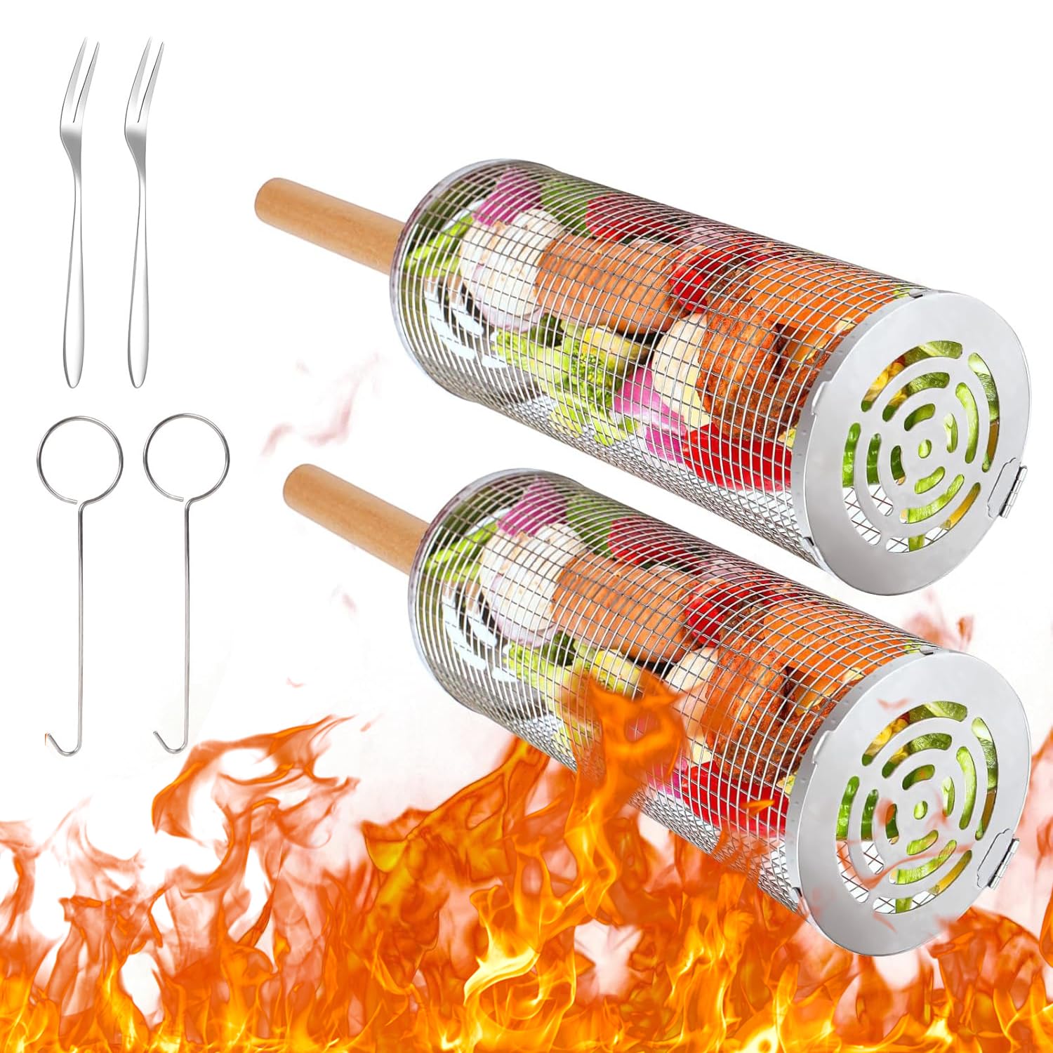 Exrp2 pcs roller BBQ grill basket with wooden handle,large capacity,portable stainless steel barbecue cooking accessories for meat,fish,and vegetables outdoors or camping,BBQ Tools