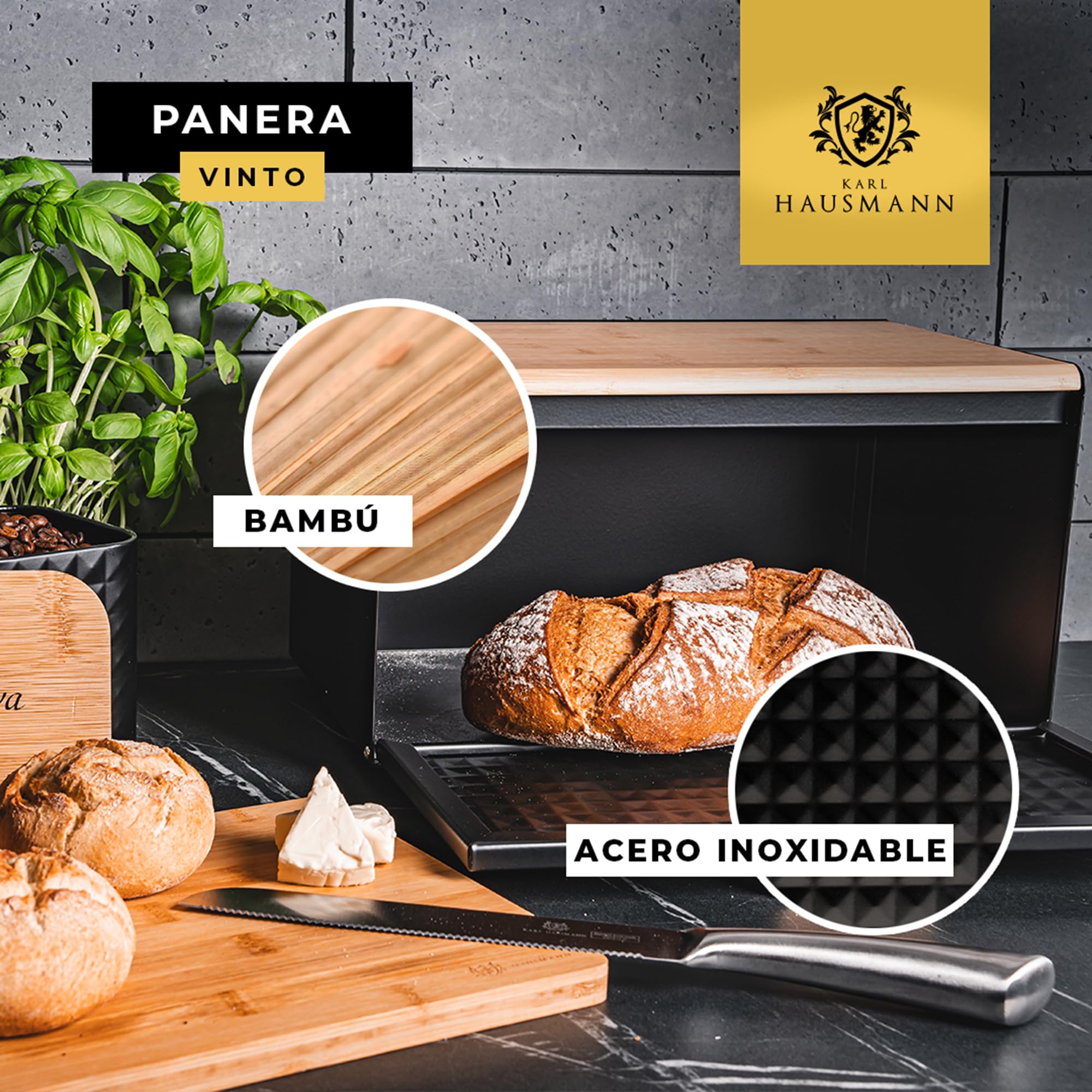 KARL HAUSMANN Panera Metal Gris con Tapa de Bambú - 35x25x15,5 cm - Paneras para Guardar el Pan - Grande Caja para Pan Moderna para Encimera de Cocina - Caixa Pao - Bread Box
