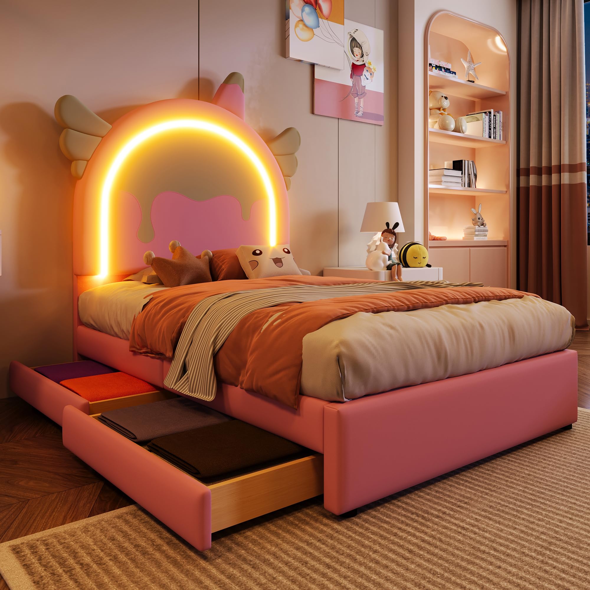 Lettino per bambini, 90 x 200 cm, con LED, struttura per letto singolo con 2 cassetti, struttura per letto singolo con rete a doghe e testiera a forma di unicorno, PU, rosa