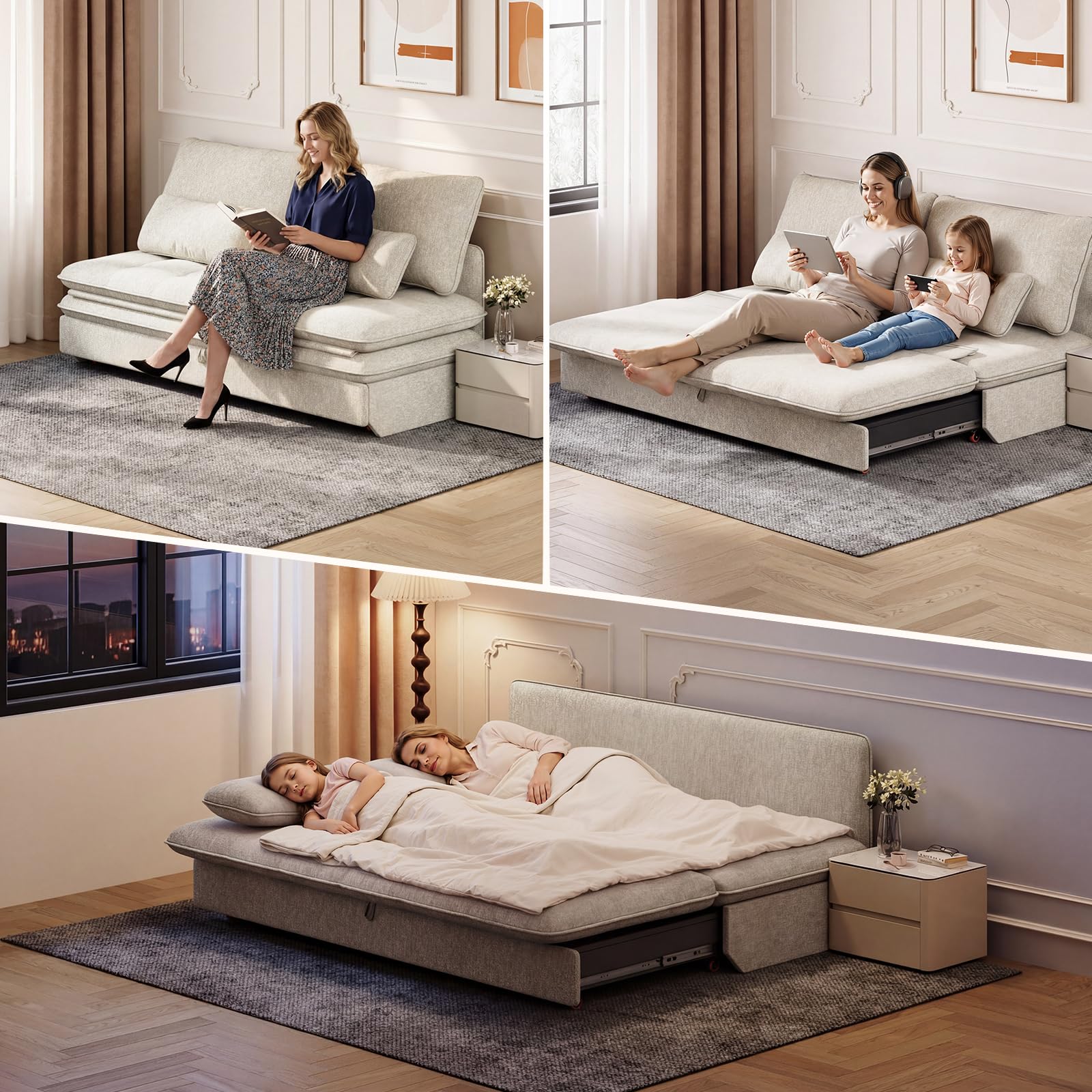 Devoko Sofa mit Schlaffunktion 190 x 157 Ausziehbares Schlafsofa mit Bettkasten Kleine 2 Sitzer Chenille Couch Klappsofa Schlafcouch mit Stauraum für Wohnung und Wohnzimmer, Beige