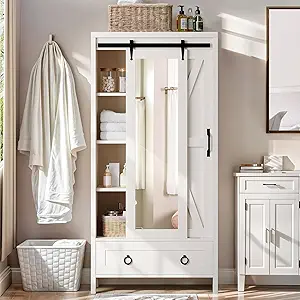 DWVO Bathroom Storage Cabinet, 67" Tall Storage Cabinet with Full Length Mirror & Barn Door, Farmhouse Bathroom Cabinets with Drawers for Kitchen Cabinet, Living Room, Laundry, White Oak