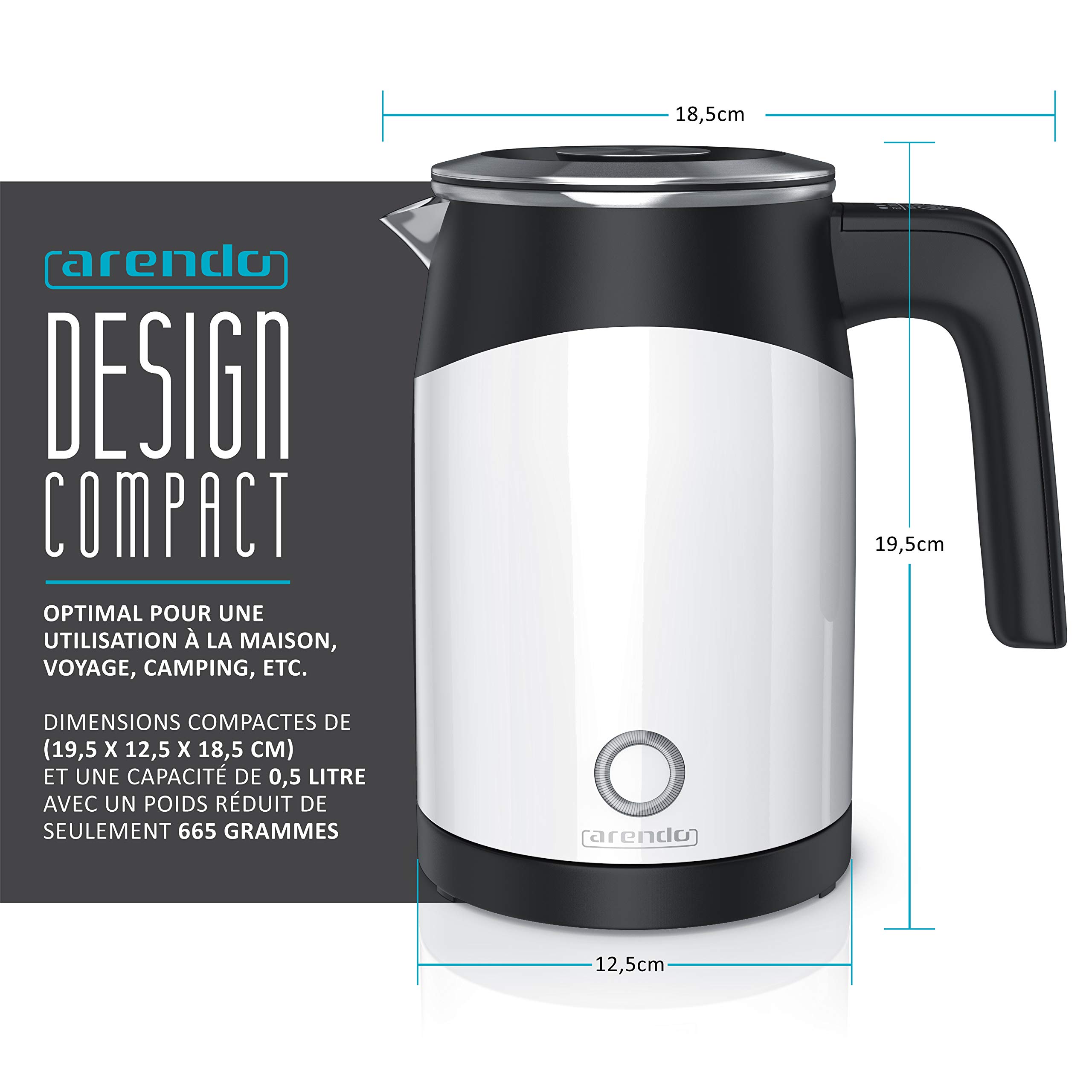 Arendo - Bouilloire de voyage - Capacité 0,5 litre - 5 températures - Double paroi - Très maniable et compacte - Fonction maintien de la température - Panneau de commande à deux touches