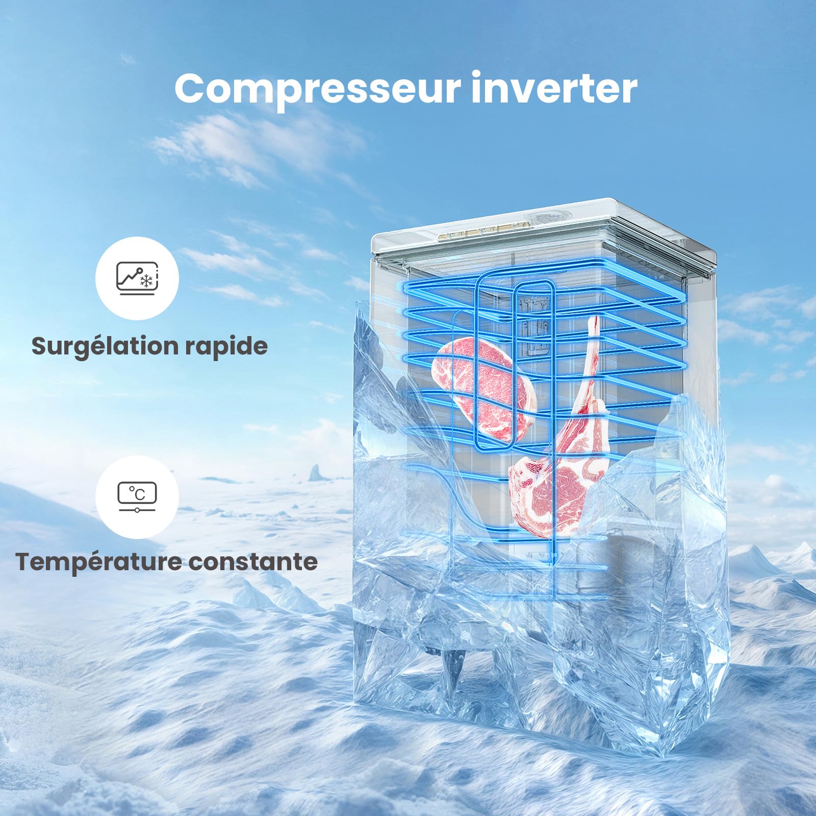 COMFEE' RCC146WH2EU(E) Congélateur coffre autonome 143L convertible congélateur/réfrigérateur, compresseur inverter, 4 étoiles, adapté aux dépendances, garages et abris, blanc [Classe énergétique E] - 5