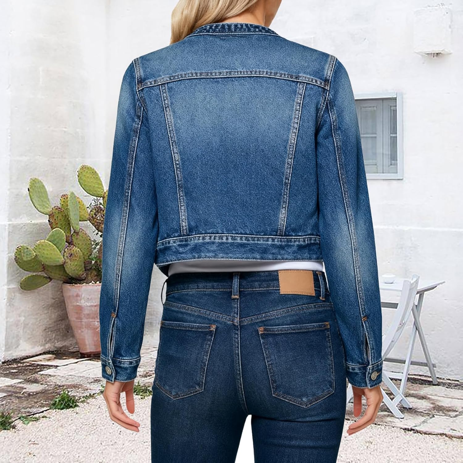 MsavigVice Women's Denim Jacket Collarless Long Sleeve Button Down Casual Cropped Jean Shacket - Image 5