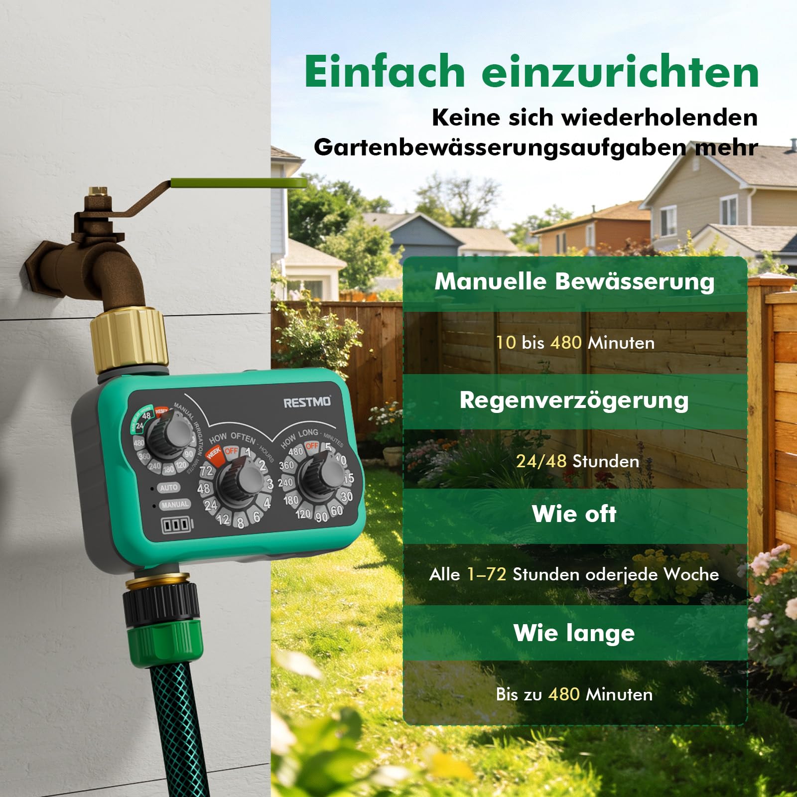 RESTMO Mechanischer Bewässerungscomputer mit 3 Drehreglern, Messing Einlass & Auslass, Zeitschaltuhr für Gartenschlauch, automatisches Tropfbewässerungssystem, bis 480 min, einfache Einrichtung