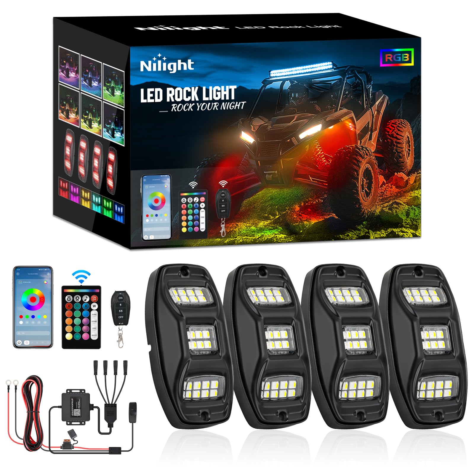 Nilight RGBW LED Rock Lights Kit 4 Pods 22 LEDs Wide Angle Lighting