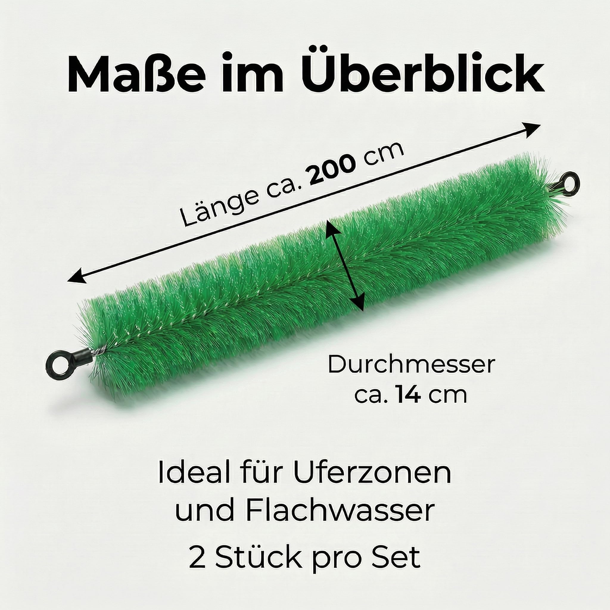 Pondlife Laichbürste für Koi & Teichfische, 2 Stück, Laichhilfe/Ablaichbürste, 200 cm Länge, Ø 14 cm, weiche Polypropylenfasern, rostfreier Edelstahldraht, End-Ösen zum Koppeln