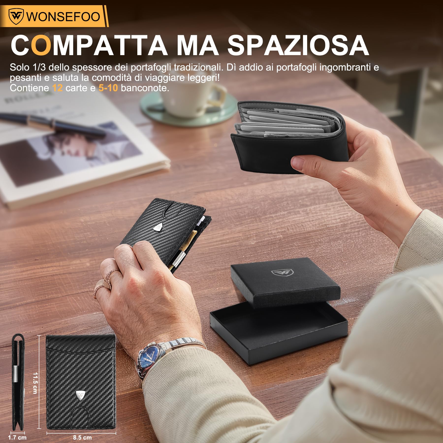 WONSEFOO Portafoglio Uomo Slim RFID Blocking in Fibra di Carbonio con 12 Slot per Carte di Credito, Bi-Fold - Nero