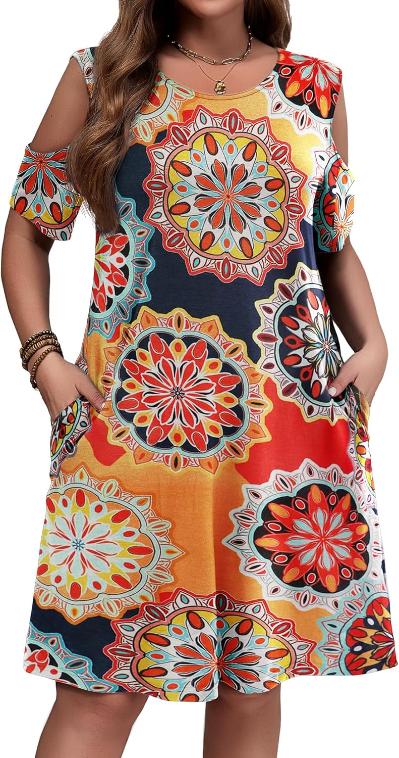 IN'VOLAND Women's Plus Size Summer Dress Short Sleeve Beach Floral Crew Neck Casual Mini Dresses with Pockets - Image 2