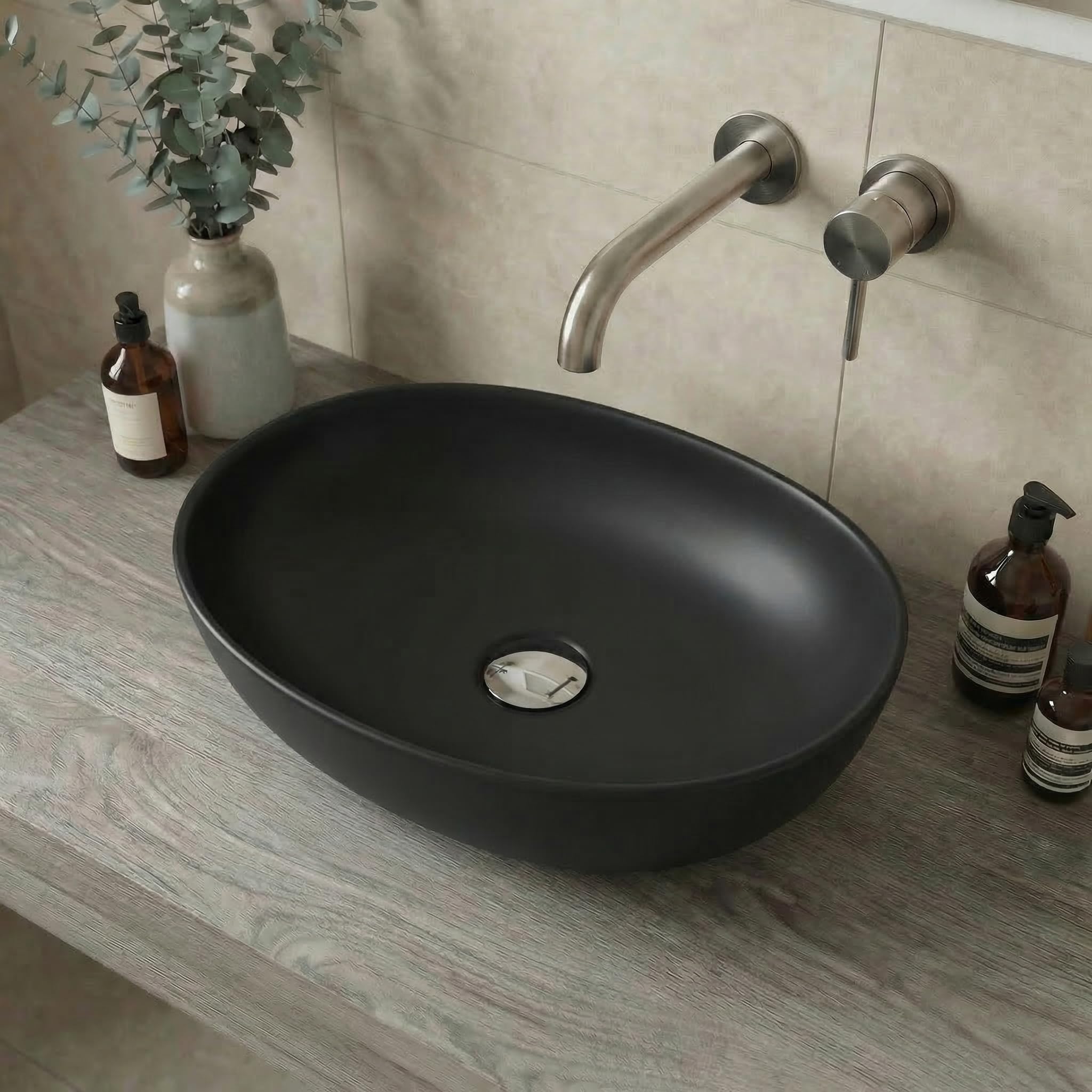 Affine® Countertop Basin for Bathroom and Cloakroom Hand Wash Basins Sink Modern Matt Black Oval, 405 x 330mm