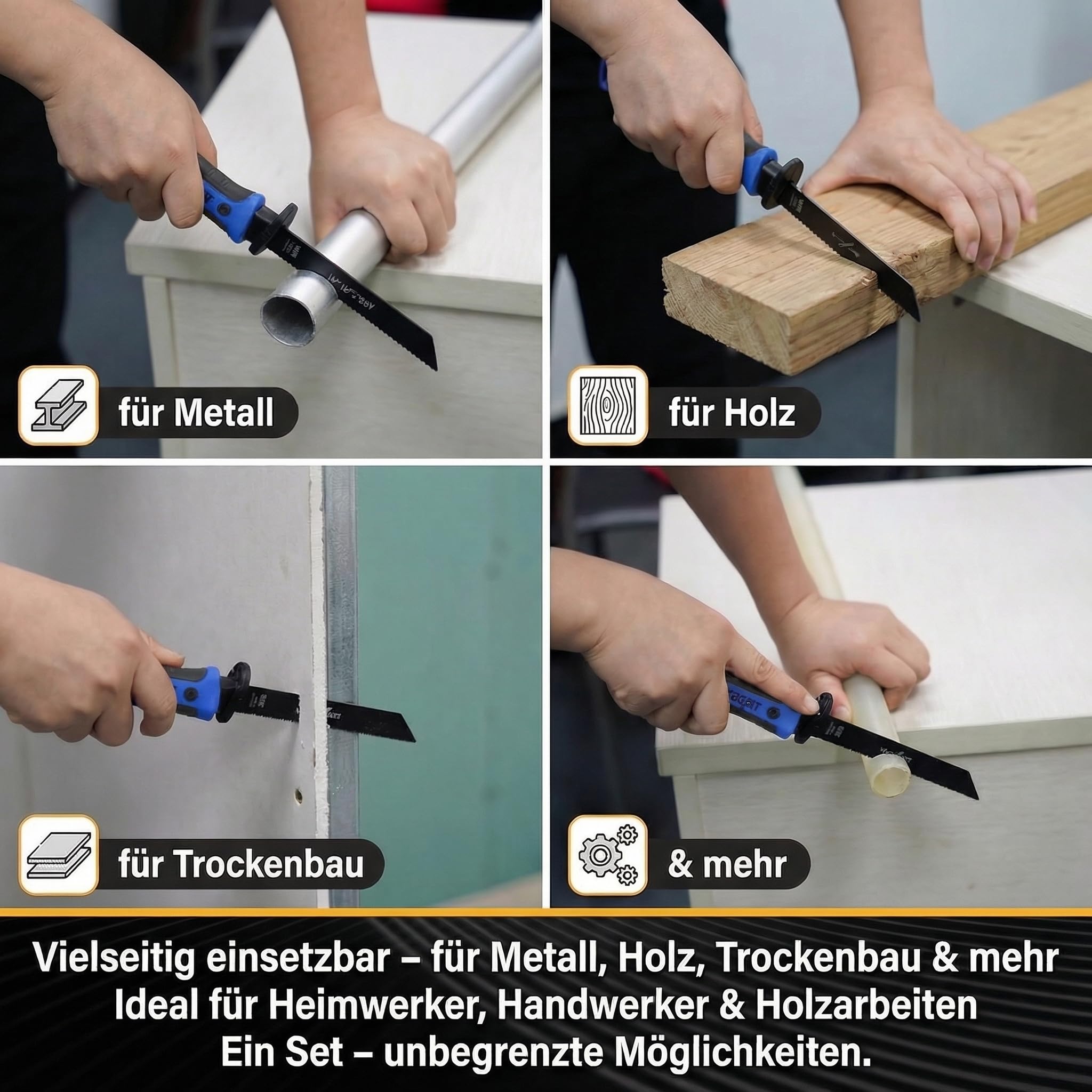 Magicbox 8 en 1 - Juego de sierras para metales (8 cuchillas intercambiables para madera, metal, paneles de yeso y plástico, diseño de bloqueo automático, mango ergonómico