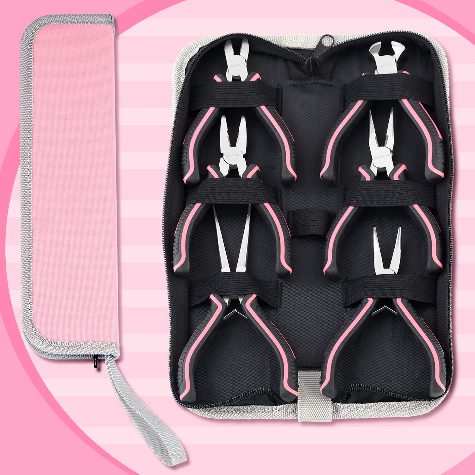 LEONTOOL Set di 6 pinze per gioielli, mini pinze con custodia, include pinze ad ago lungo piegato, pinze diagonali, tronchesi finali, kit di strumenti per la creazione di gioielli per fai da te e