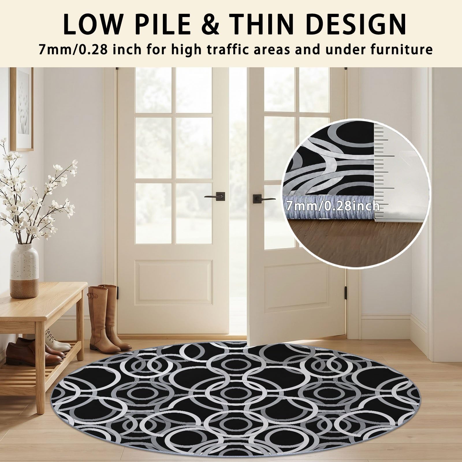 Tapis Rond Salon Moderne Geometrique Cercle Anneau Abstrait Noir Gris Doux Poil Ras Tapis de Sol Décoration Antidérapant pour Salon Chambre Cuisine Balcon Terrasse Salle à Manger Intérieur 160 cm