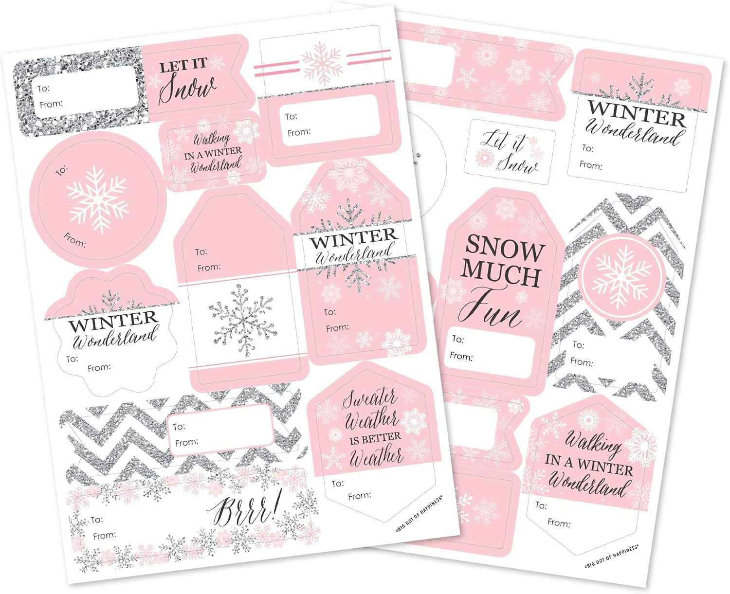 Big Dot of Happiness Pink Winter Wonderland Gift Tag Stickers, Assorted Pink Holiday Snowflake Winter Birthday Gift Tag Labels, Snowflake To and From Stickers (12 Sheets - 120 Stickers)