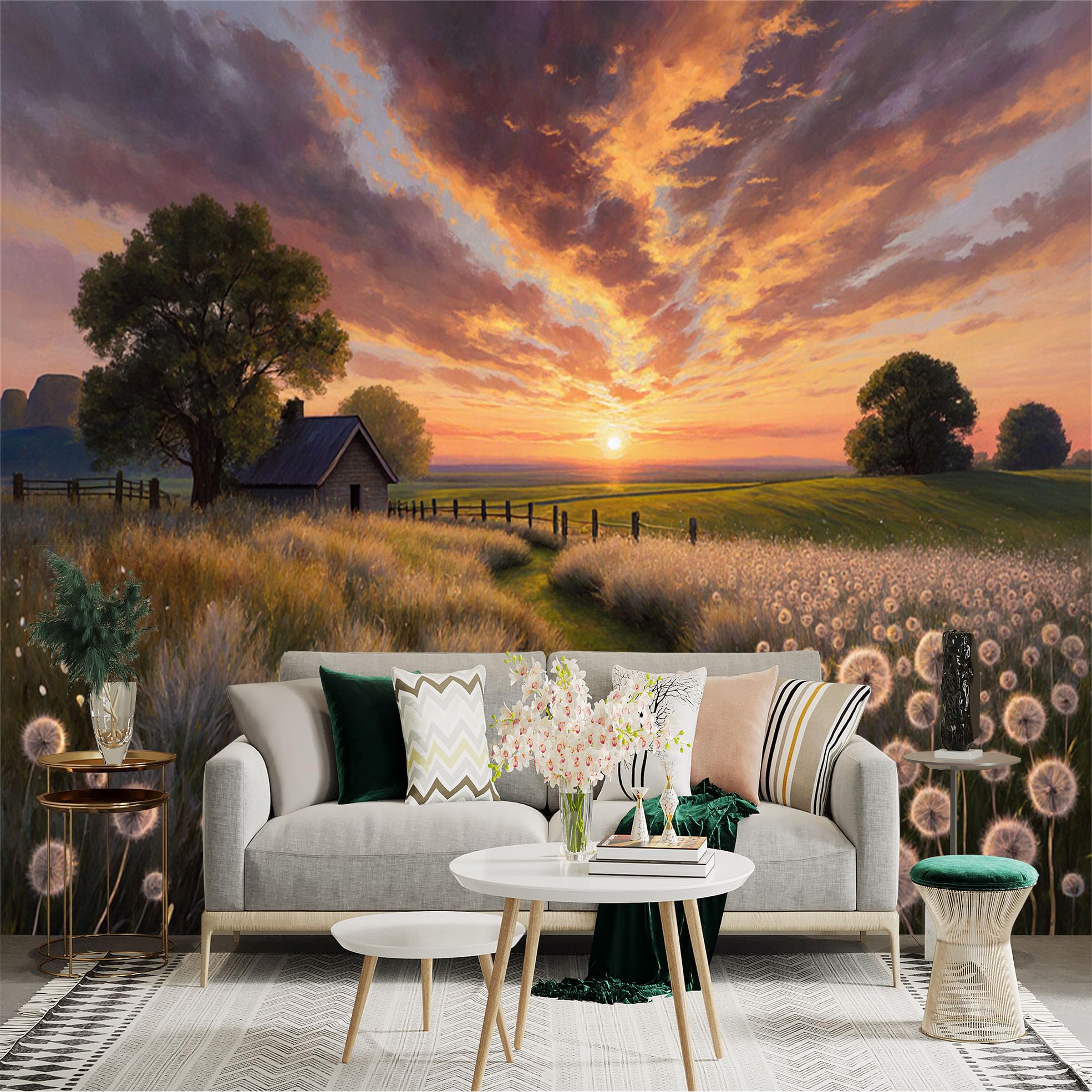 Lnzczhyre Xc260505487 Custom Size Wall Sticker Mural， Sunset Over Rural Landscape， Small Cottage， Field Of Fluffy Seed Heads， Scenic Countryside View， For Wall Decoration， Peelandstick Wall Decals.