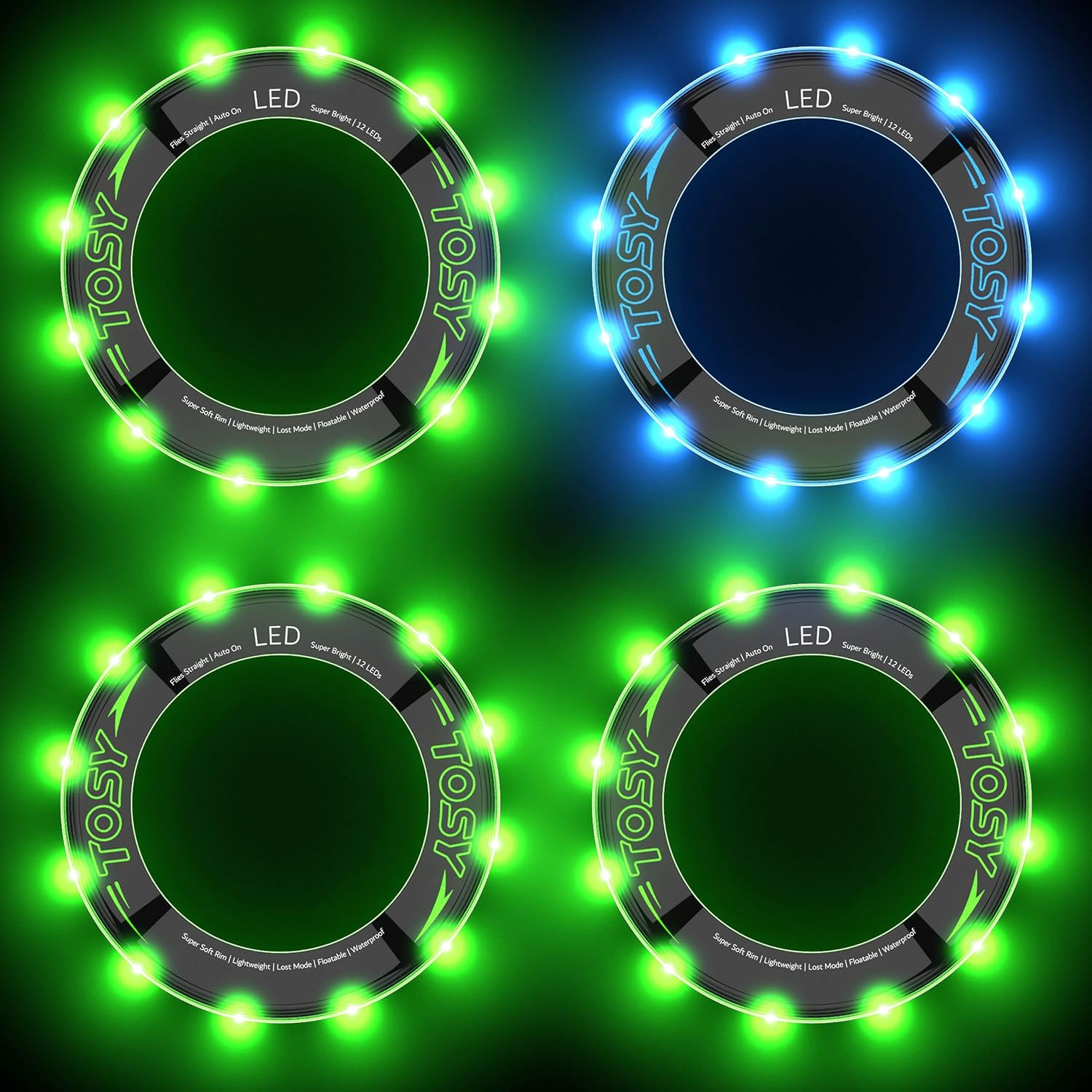 TOSY Bundle of 4-3X Green + Blue - Flying Ring 12 LEDs Super Bright