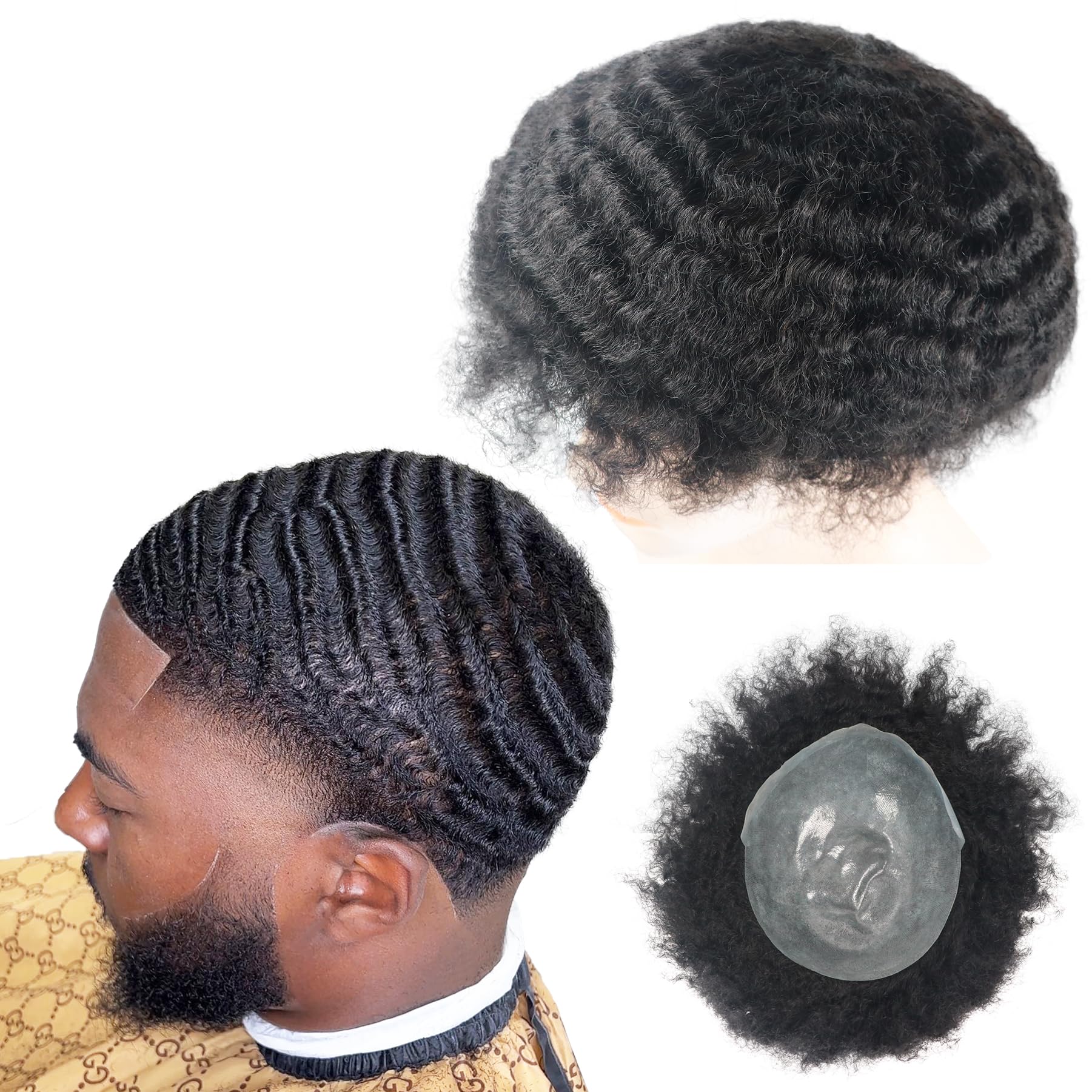 Mens Afro Curly Toupee PU 1B# Off Black 360 man weave hair unit for Men Human Hair Kinky Curl men wave weave Hairpiece 8x10inch