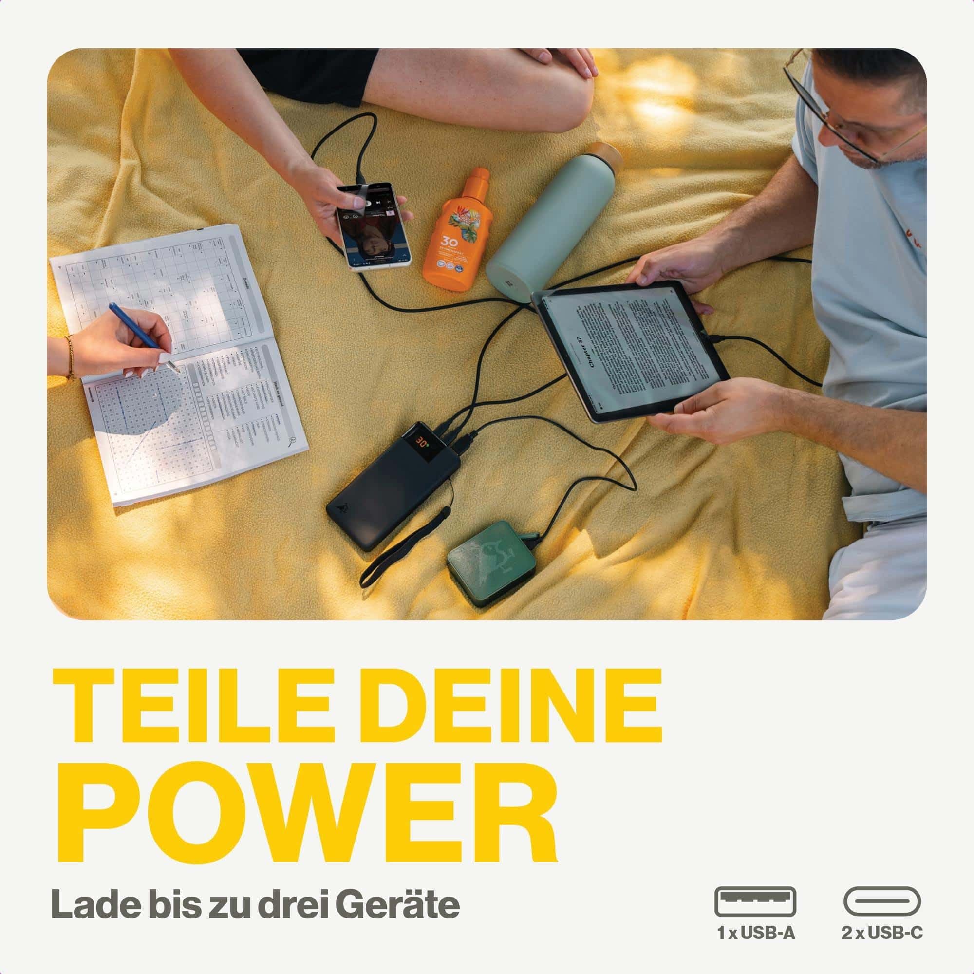 Powerbank 20000mAh, 20W, LCD-Display, 2X USB-C, 1x USB-A, tragbares Ladegerät, Pass-Through-Laden, leicht & kompakt, Soft-Touch-Oberfläche, Powerbird Schwarz in plastikfreier Verpackung