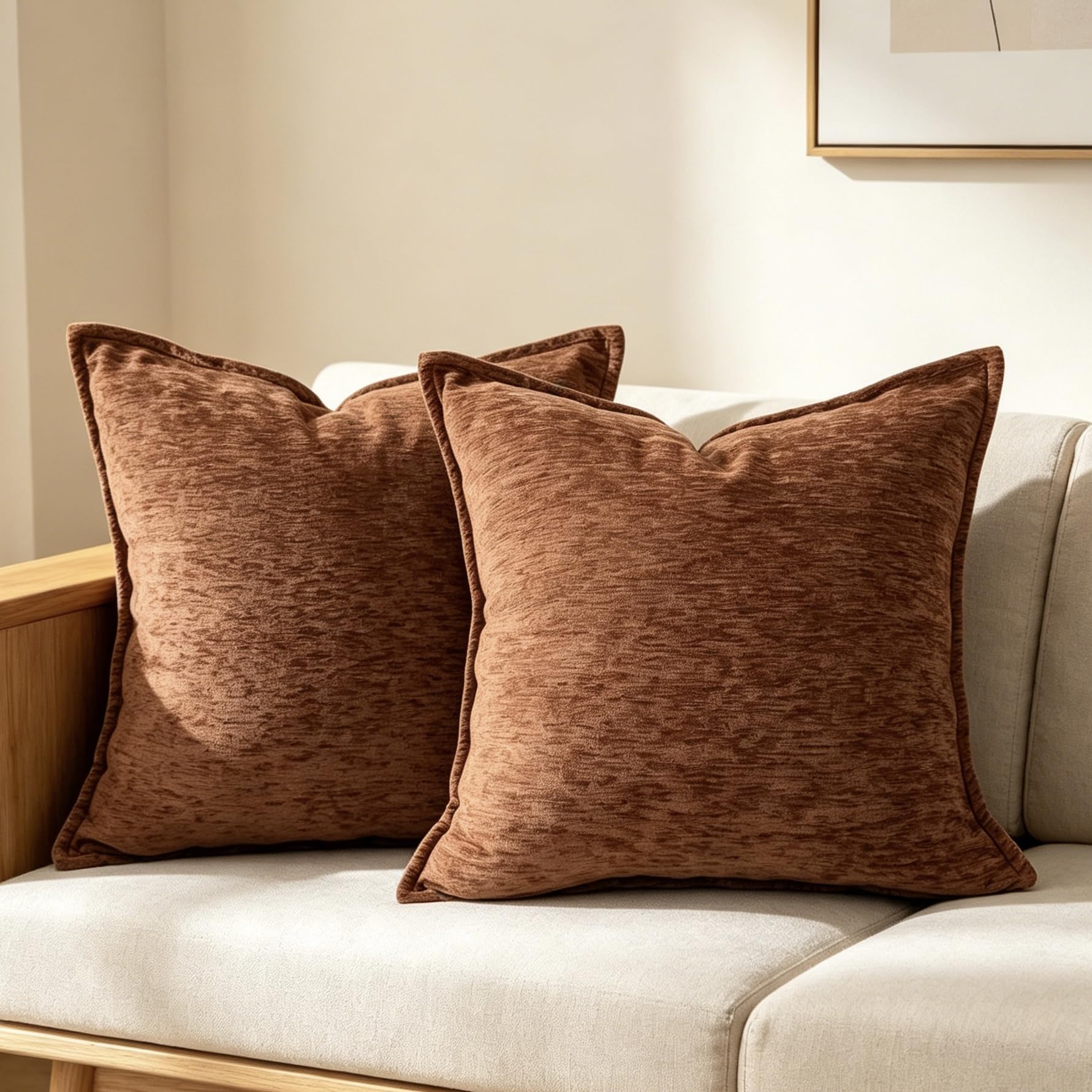 OYIMUA Textured Chenille Cushion Covers 45 x 45 Soft Square Pillow Cases 2 Pack Terracotta Cushion Cover 18x18 Luxury Neutral Decorative Pillows for Living Sofa Room Bedroom