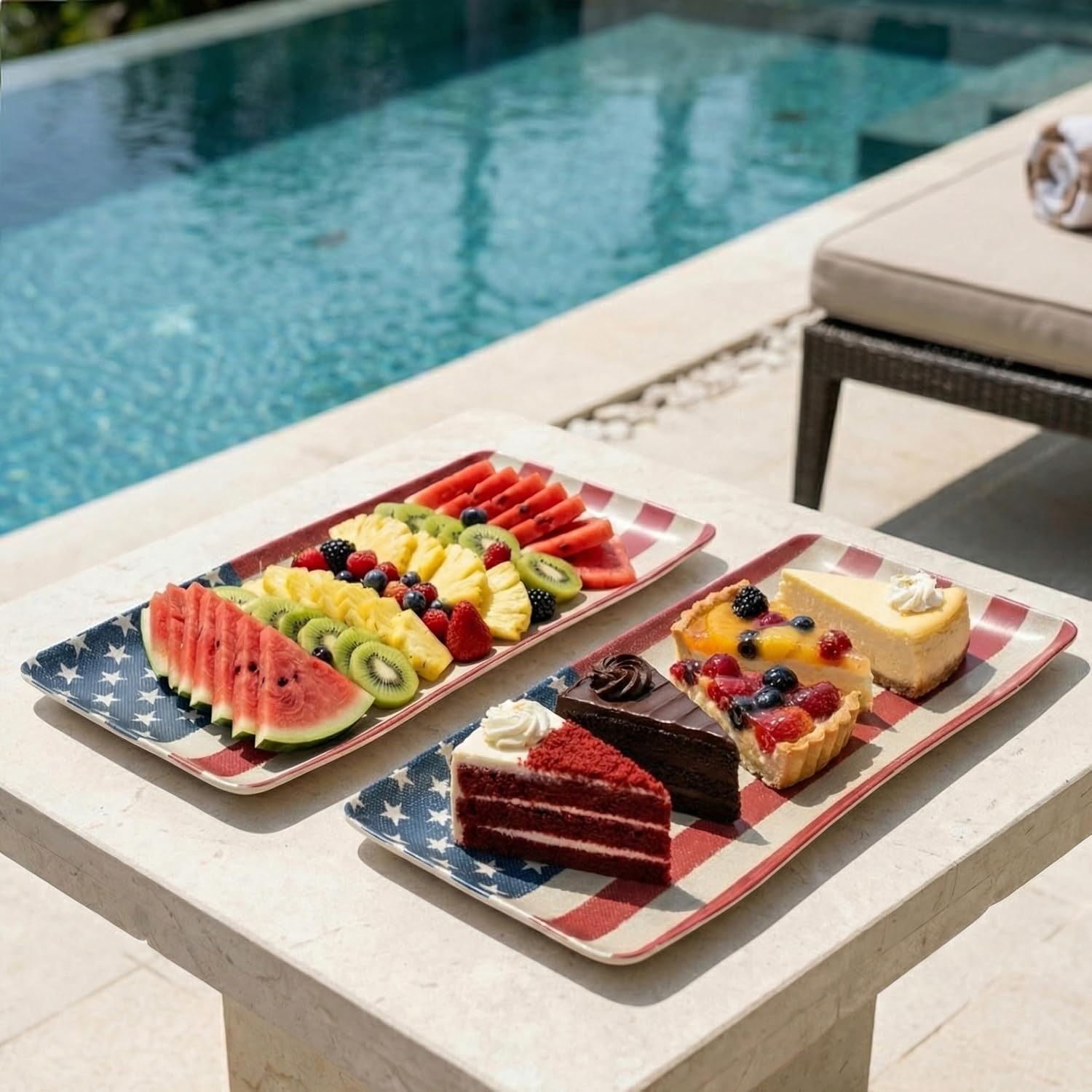 KINGEN American Flag Serving Platter, Rectangular 15inch Serving Dishes Set of 2 for Entertaining, Durable & Dishwasher Safe, Bamboo Serving trays for party, Cheese, 4th of July Series, Red White Blue