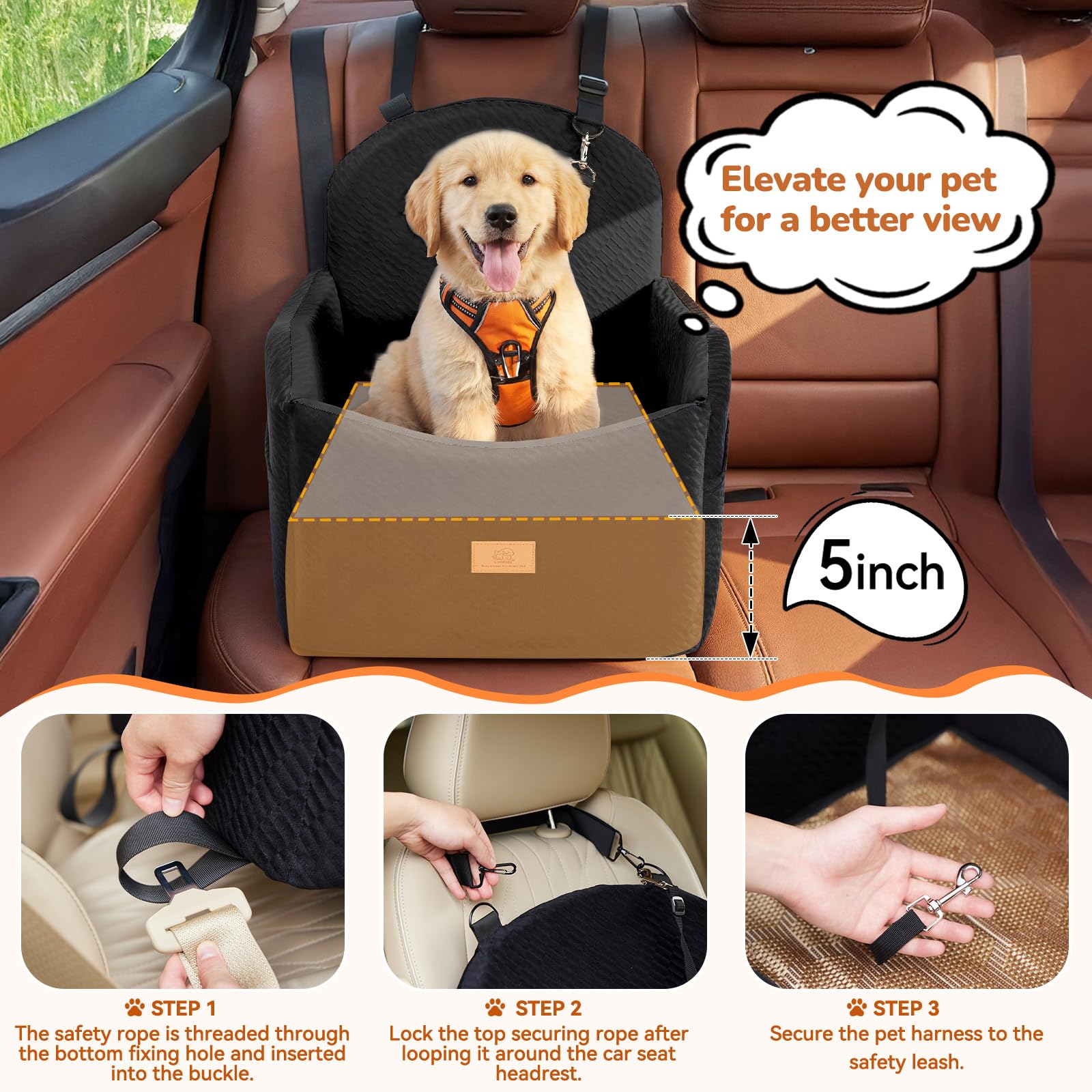 Dog Car Seat for Medium/Small Dogs, Dog Booster Car Seat, Pet Booster Seats Up to 40lbs with Waterproof Layer, 3 Storage Pockets and Safety Belt (Black) - image 3