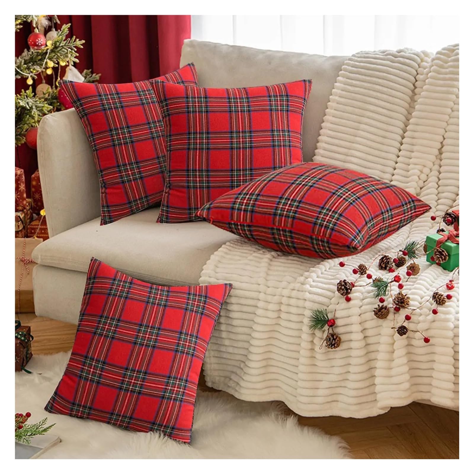 Copricuscini Divano Set di 4 federe for cuscini natalizi a quadri rossi in tartan, federe decorative for cuscini natalizi in stile rustico.(ZQ-2509261344,40x40cm-4pc16x16in)