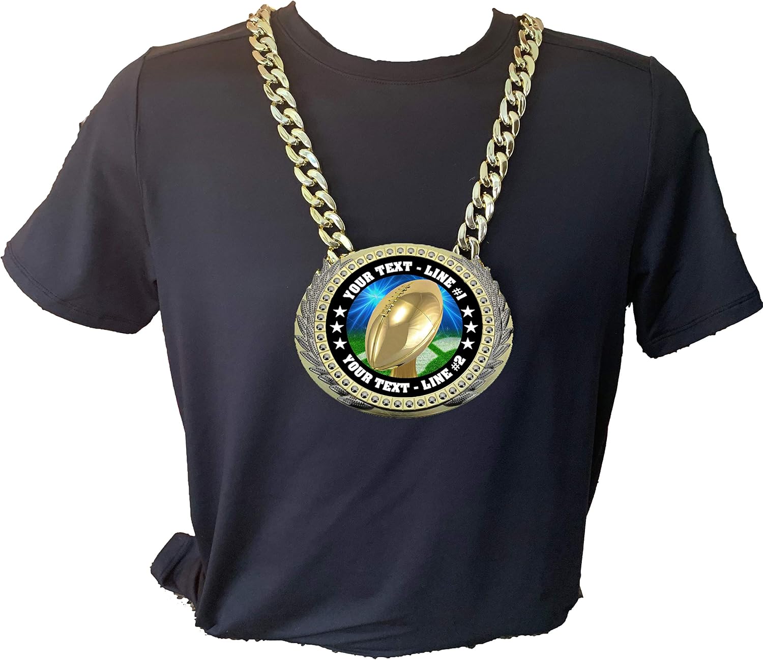 Express Medals Metal Version Football Champ Chain Trophy with 2 Lines of Personalized Custom Text on a Large Award Medal and Attached 34 inch Long Metal Neck Chain. D20
