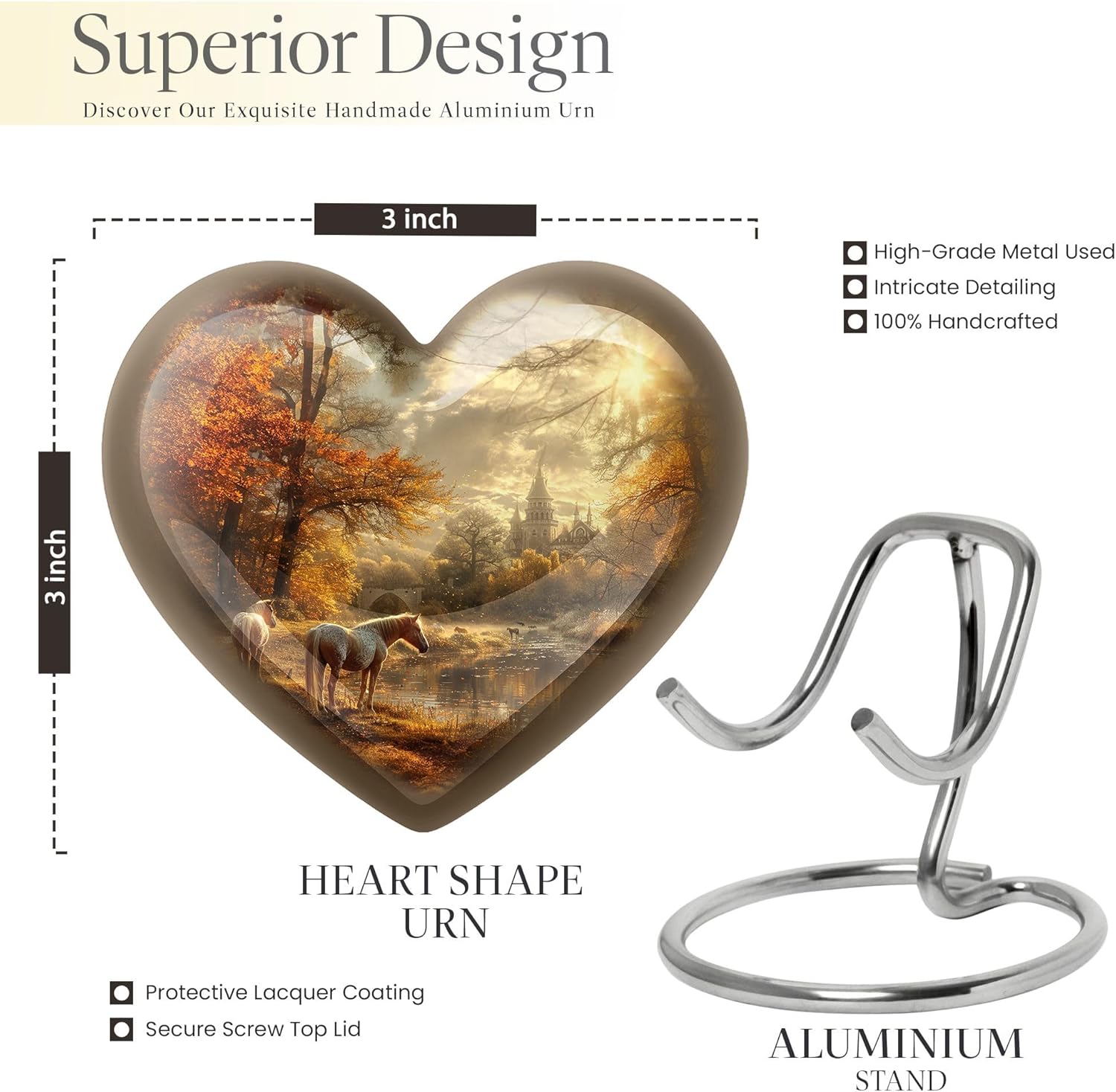 Horse Urn - Heart Urns for Human Ashes - Urns for Adult Female - Companion Urn - Cremation Urns for Human Ashes Adult Female - (Size - 3 inch Pack of 1)
