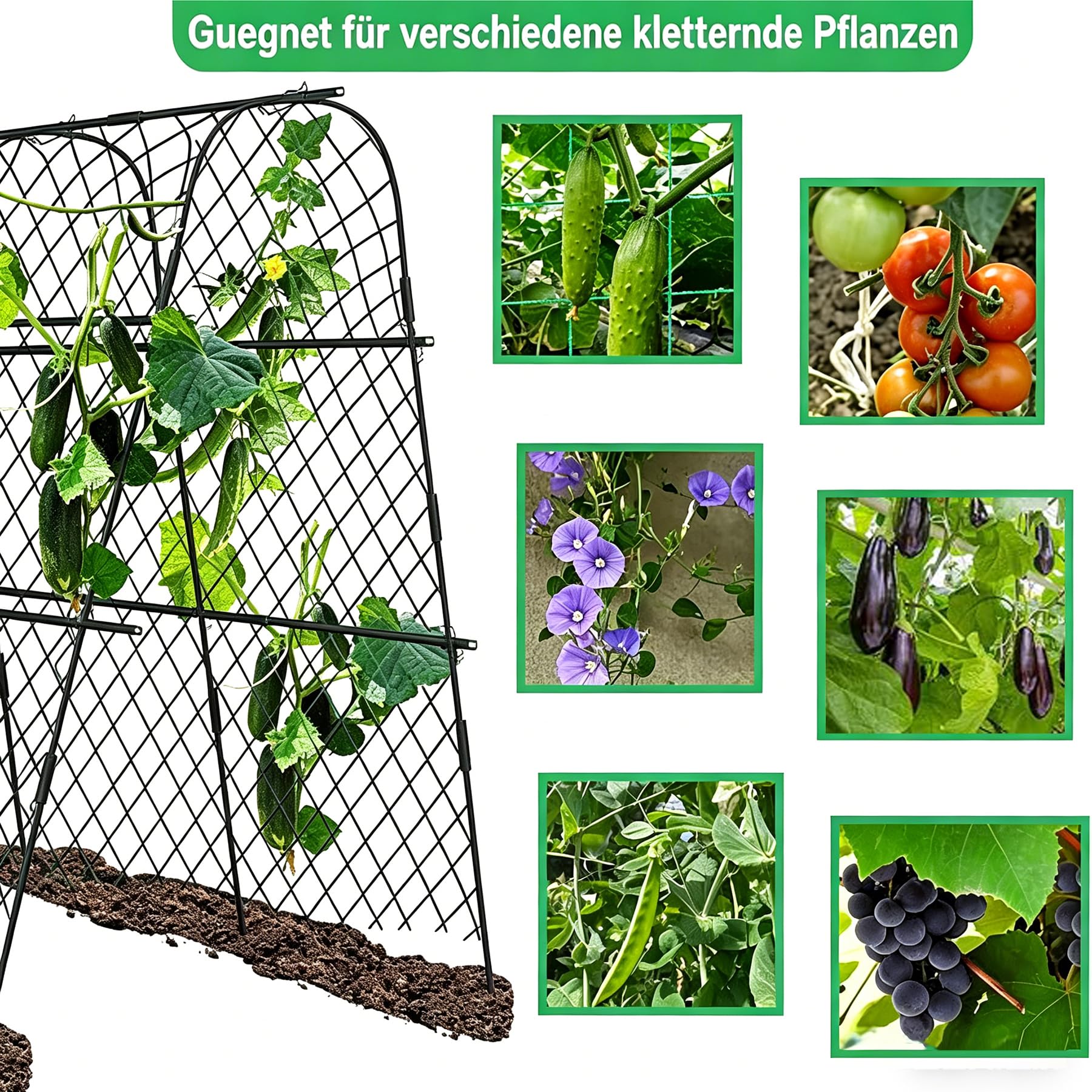Treillis pour Concombres et Tomates 124 x 220 cm, Support pour Plantes Grimpantes avec Filet et Pinces, Tuteur en Métal Extérieur pour Légumes, Fleurs et Plantes Fruitières