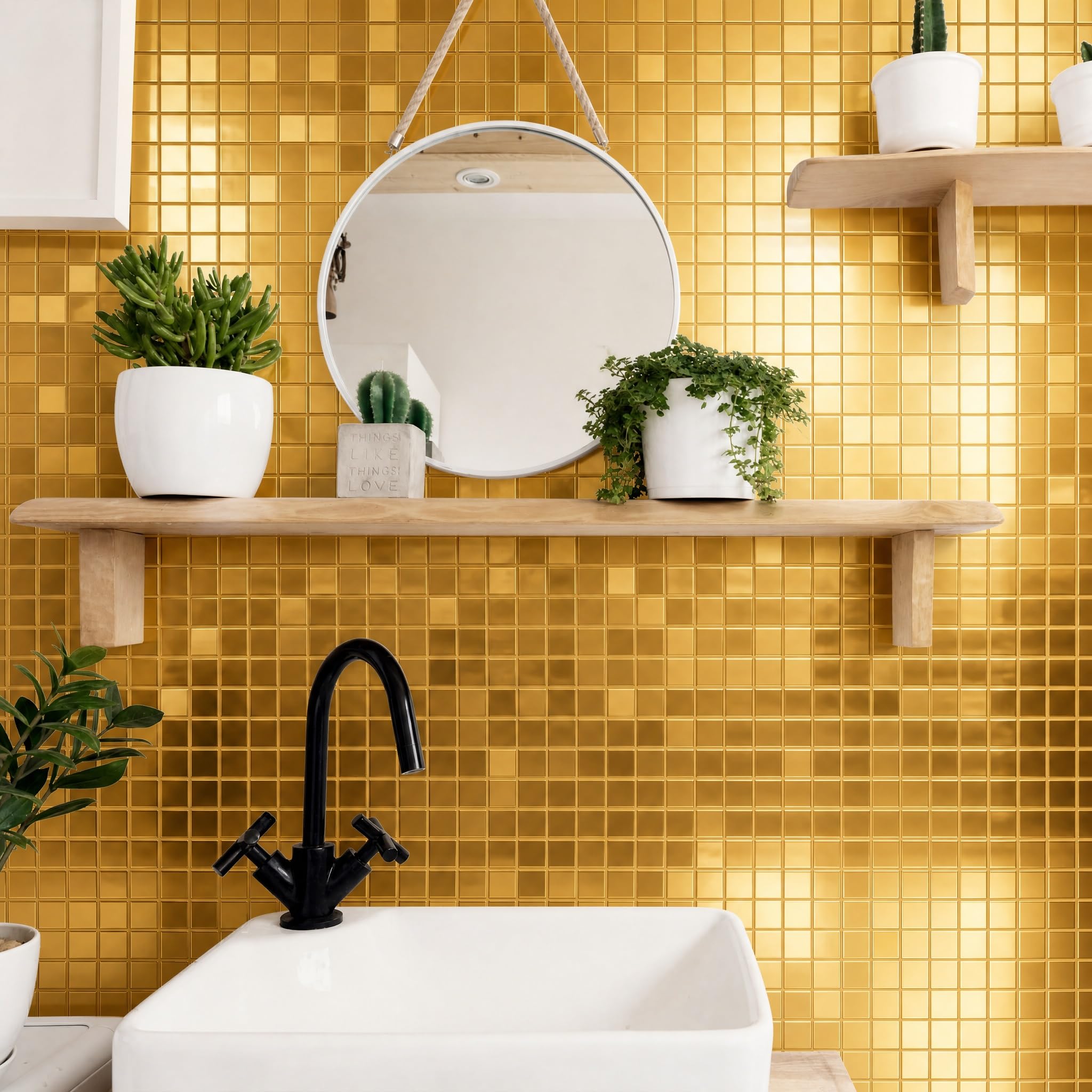 Pamatio Pack of 30 Mosaic Tile Stickers Luxury Shimmering Wall Art Room Decor Bathroom Backsplash Kitchen Splashbacks Metallic Luster Effect Peel and Stick Self Adhesive Tile Covers (Gold 30 x 60cm)