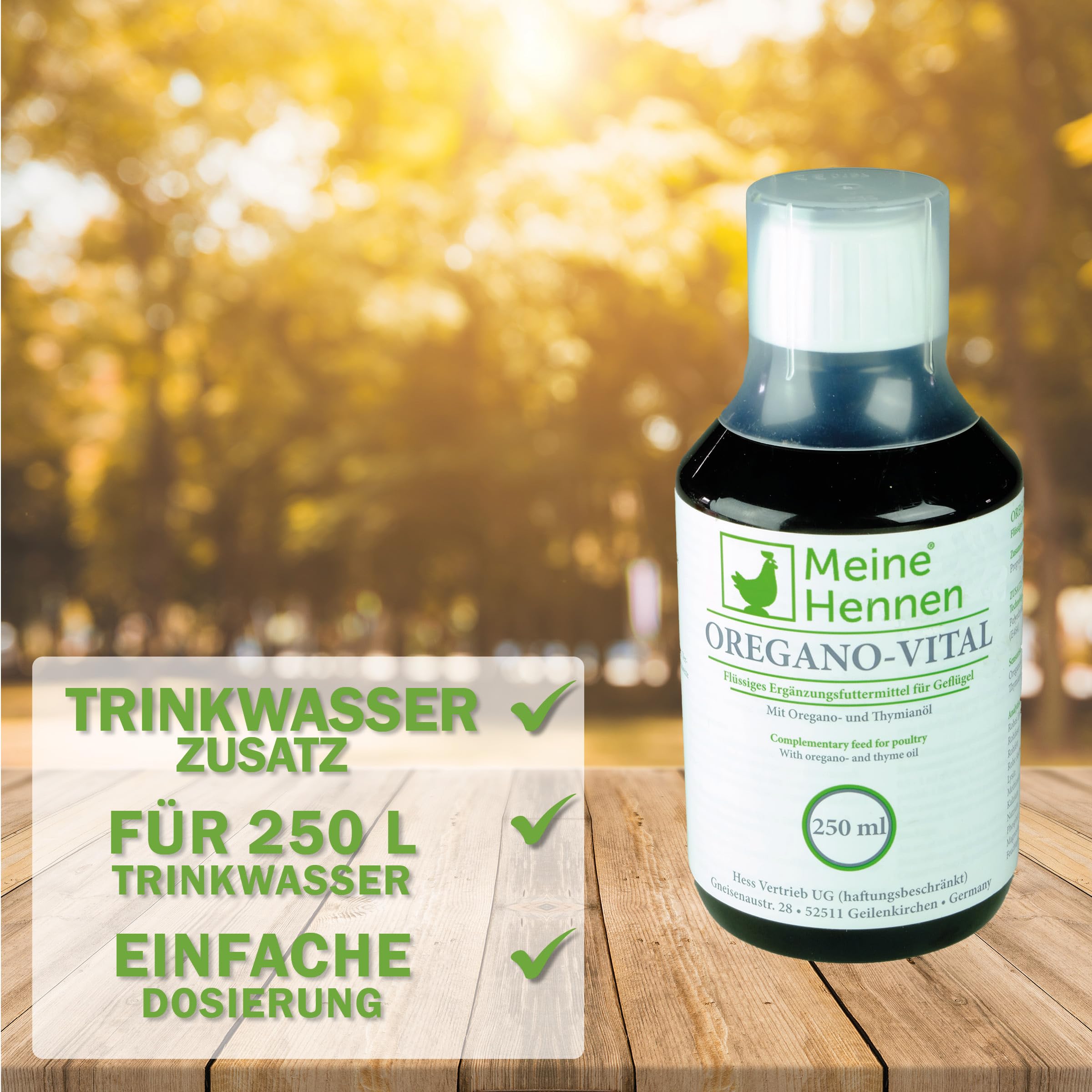 MeineHennen Oregano-Vital 250 ML, Huile d'origan et vitamines B Aliment complémentaire pour Poulets, Pigeons et cailles. pour Que Vos volailles soutiennent la Fonction intestinale et Le métabolisme