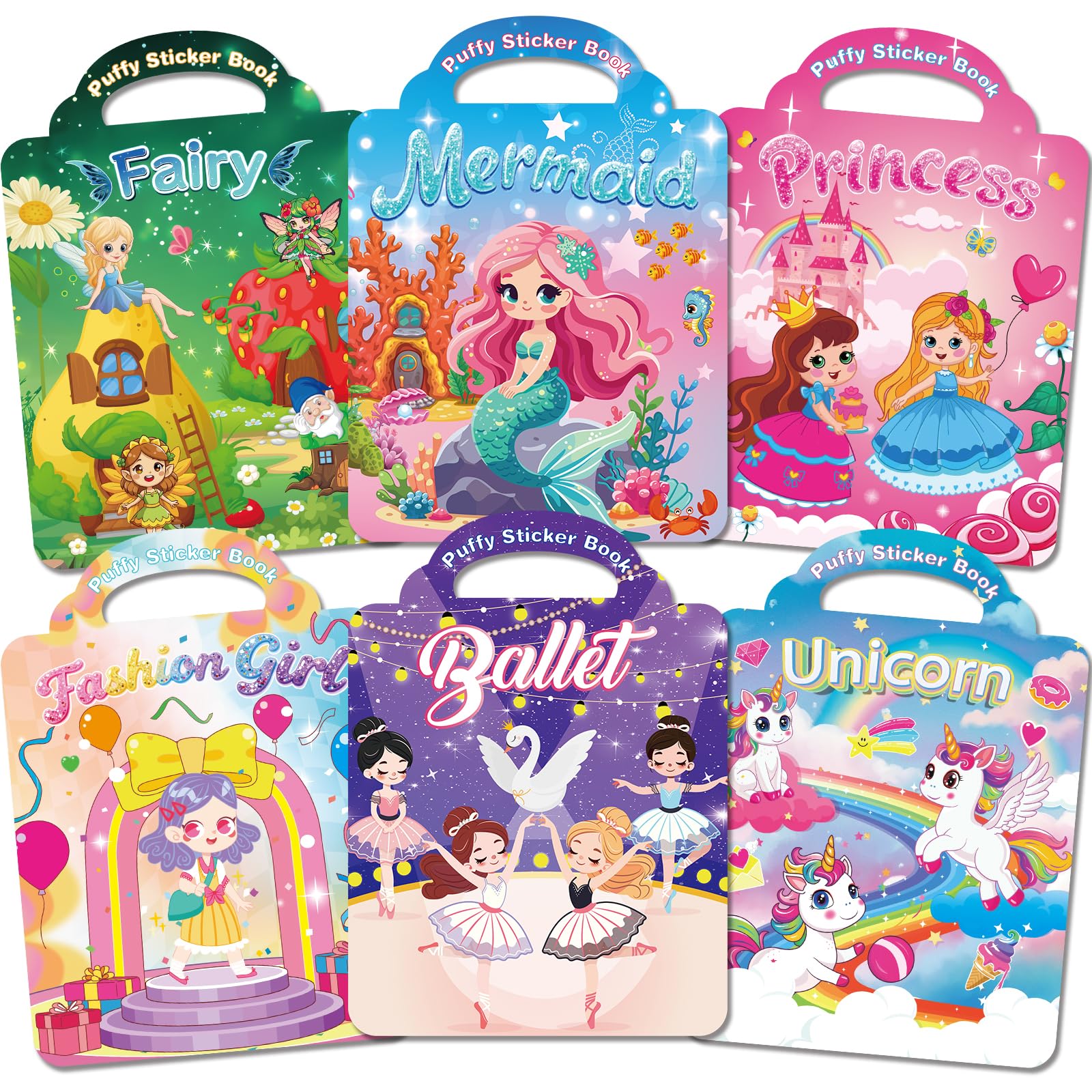 Kalysky 6 Pack Sticker Book for Girls, Reusable Sticker Book with 3D Puffy Sticker for Toddlers, Themes-Unicorn, Mermaid, Princess, Fashion Girl, Fairy, Ballet, Toy Birthday Gift for Girls Boys