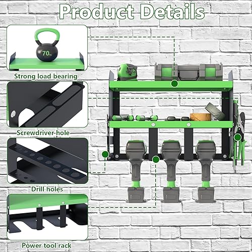 Miniatura 6 de Dueatib Organizador de herramientas, estante de almacenamiento de garaje de 3 niveles, estante de herramientas de mano de metal, soporte para