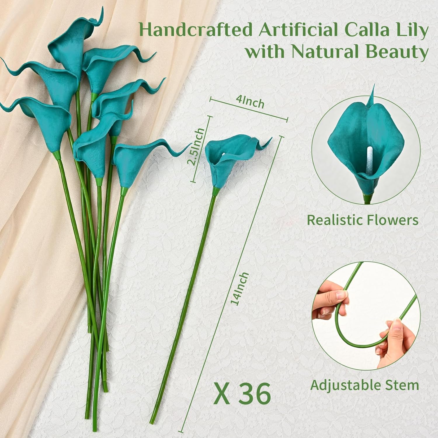 Yastouay 36 Pcs Calla Lily Artificial Flowers, Real Touch Teal Blue Artificial Flowers Wedding Bouquet, Real Look Fake Flowers for Wedding Home Indoor Outdoor Centerpiece Decor