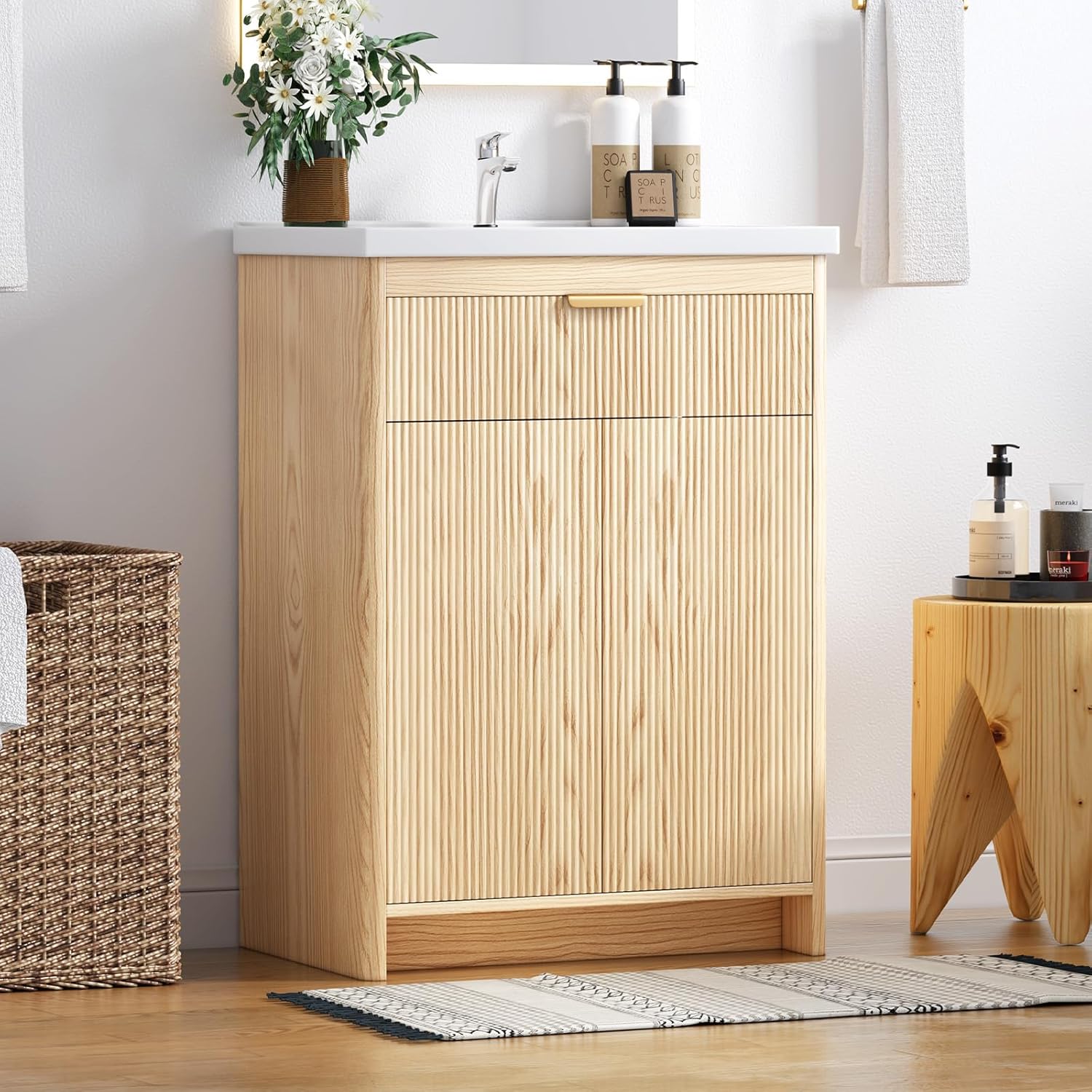 24 Inch Bathroom Vanity with Sink, Bathroom Cabinet Vanity for Small Space, Freestanding Storage Bathroom Vanity with 2 Soft Closing Cabinets, Nature Wood