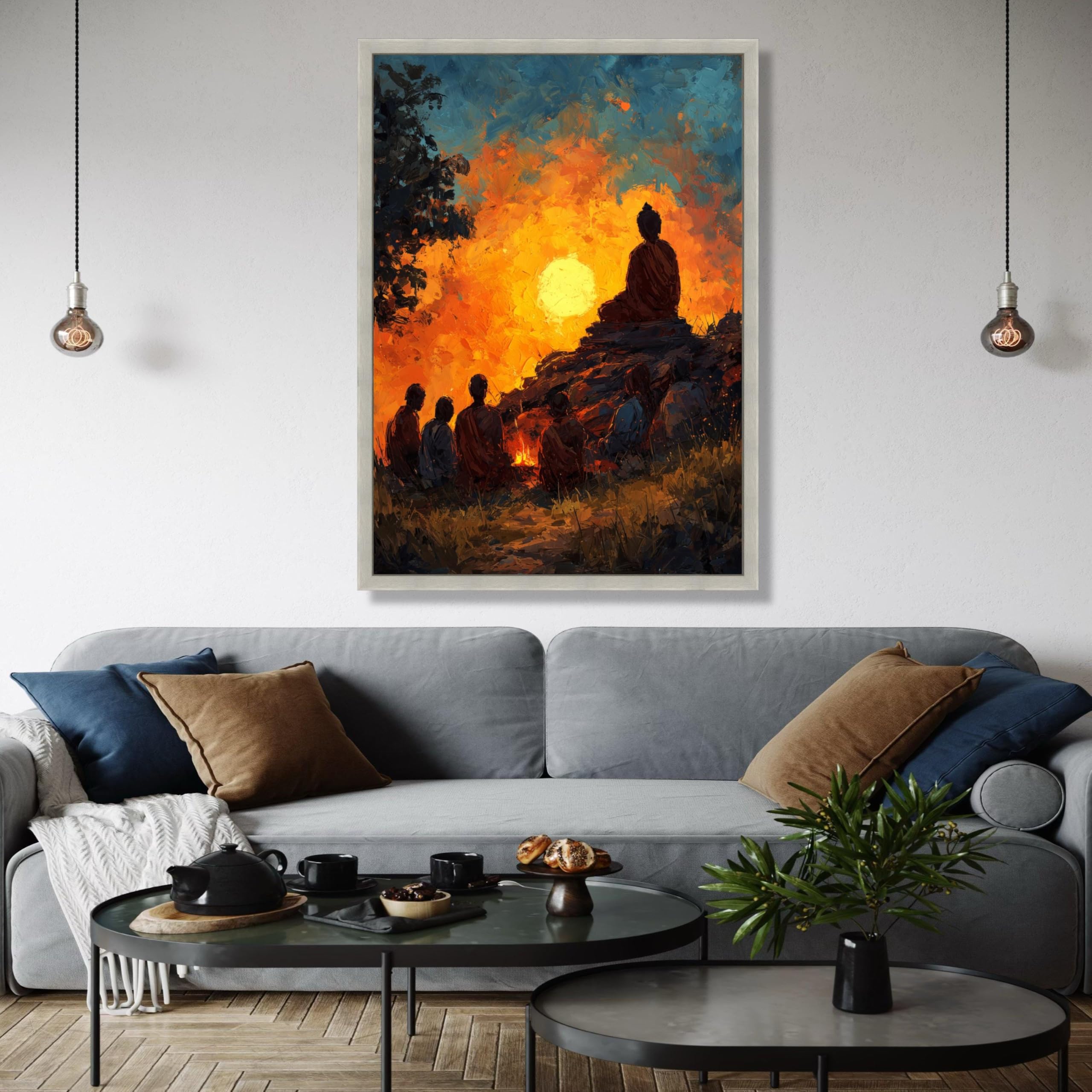 YUSUZHU Sagoma di monaco meditativo al tramonto, tela spirituale, scena naturalistica, buddista zen, arredamento per la casa, stampa (70x100 cm/cornice interna)