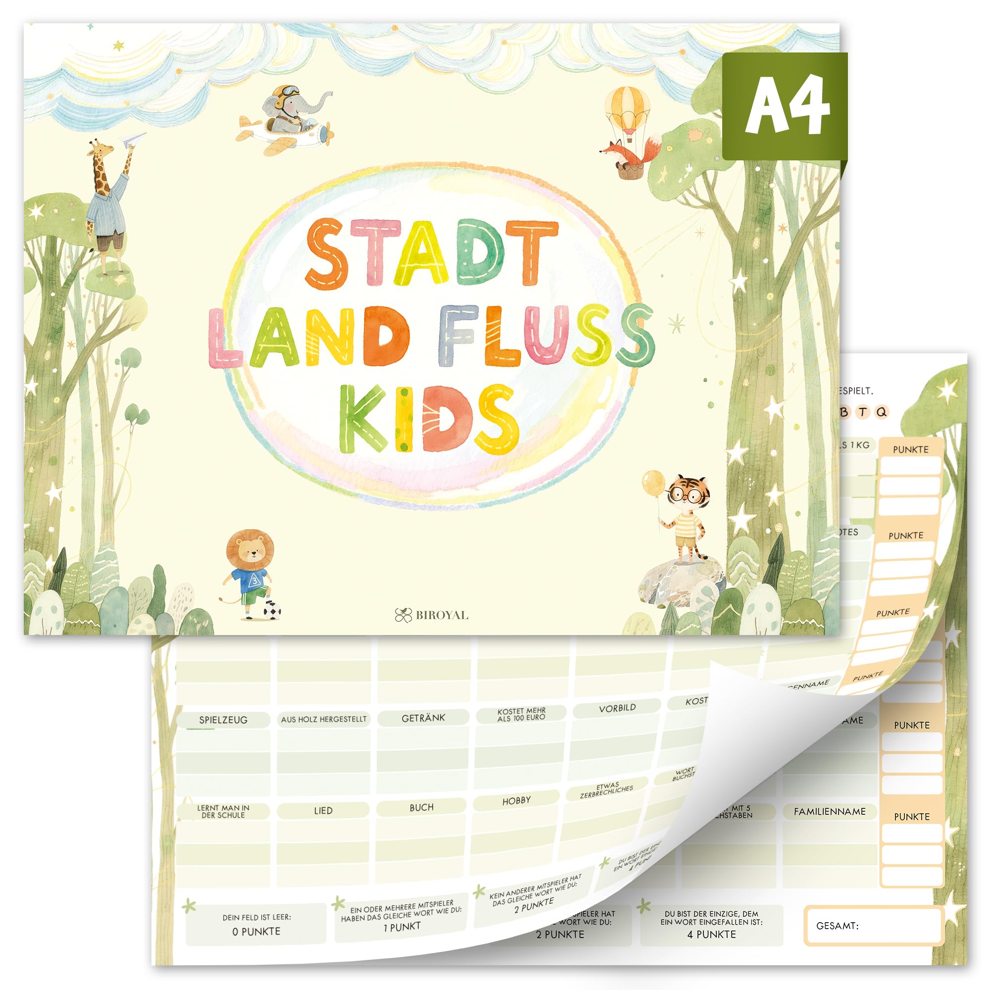 BIROYAL Stadt Land Fluss Block A4 für Kinder | 35 Kategorien mehr Spaß | Familienspiel ab 9 Jahre | 50 Blatt Reisespiel & Partyspiel für Kinder | Geschenke für Kindergeburtstag | Kindertag Geschenk