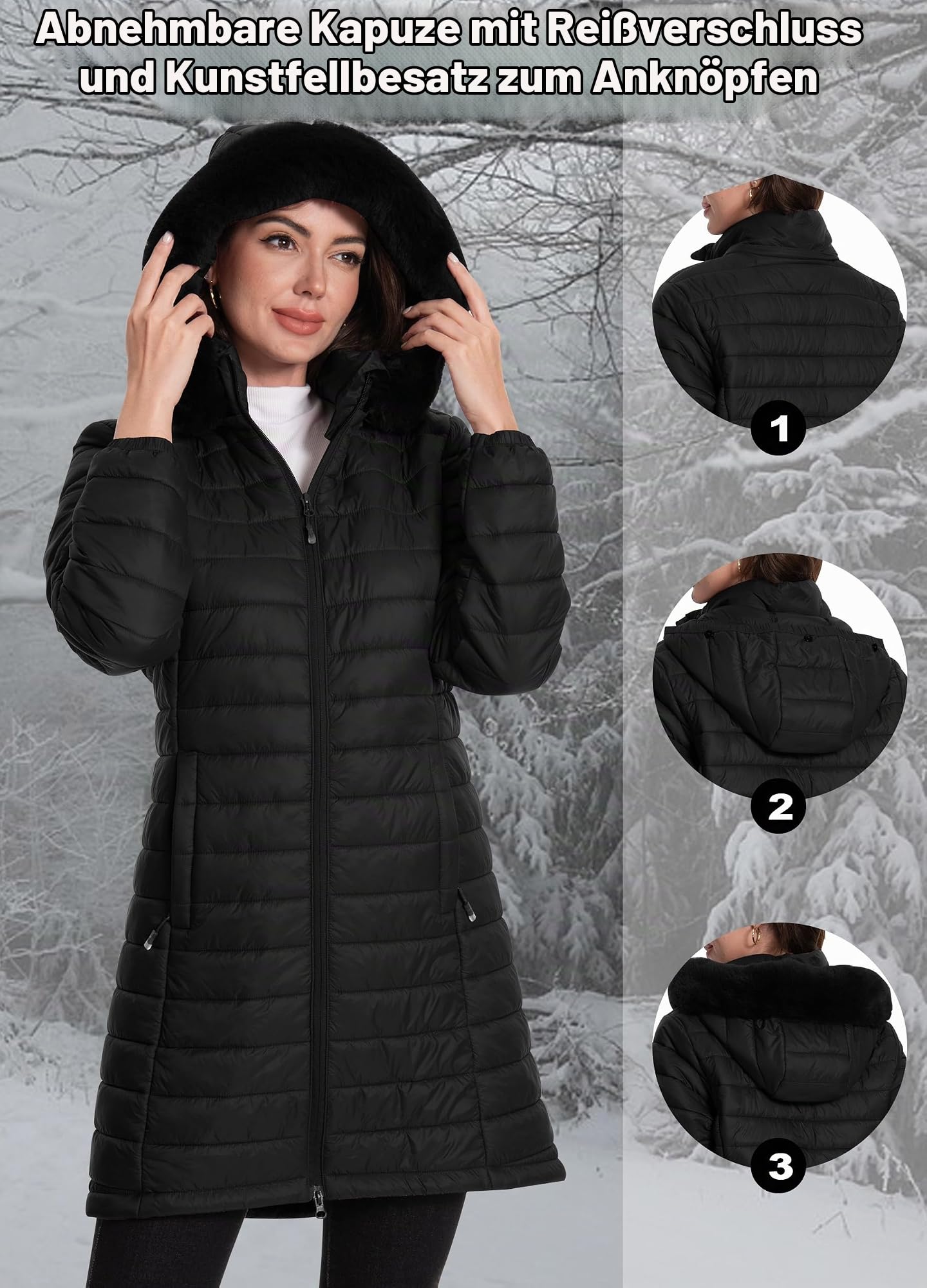 ATLASLAVA Damen Winterjacke Lang Wintermantel Steppjacke Übergangsjacke Daunenjacke Wasserdicht Warm Leichte Kapuze Frauen Winter Mantel Outdoor S-2XL