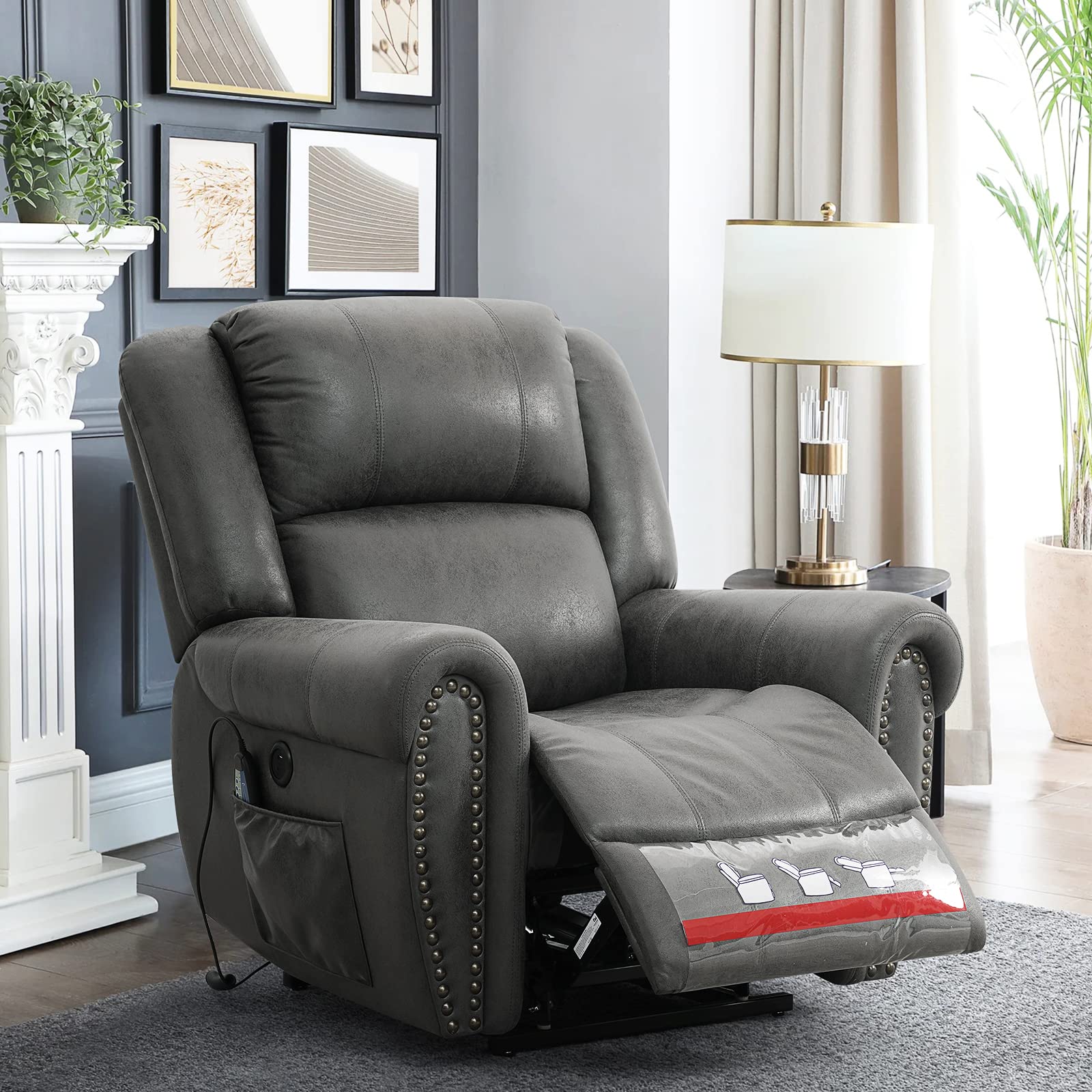 TEKAMON Dual Motor Large Power Lift Recliner Chairs with Massage Heat for Elderly Big People, Lay Flat Sleeper Electric Recliner, Soft Fabric Sofa Chair for Living Room, 2 Remote Control(Grey)