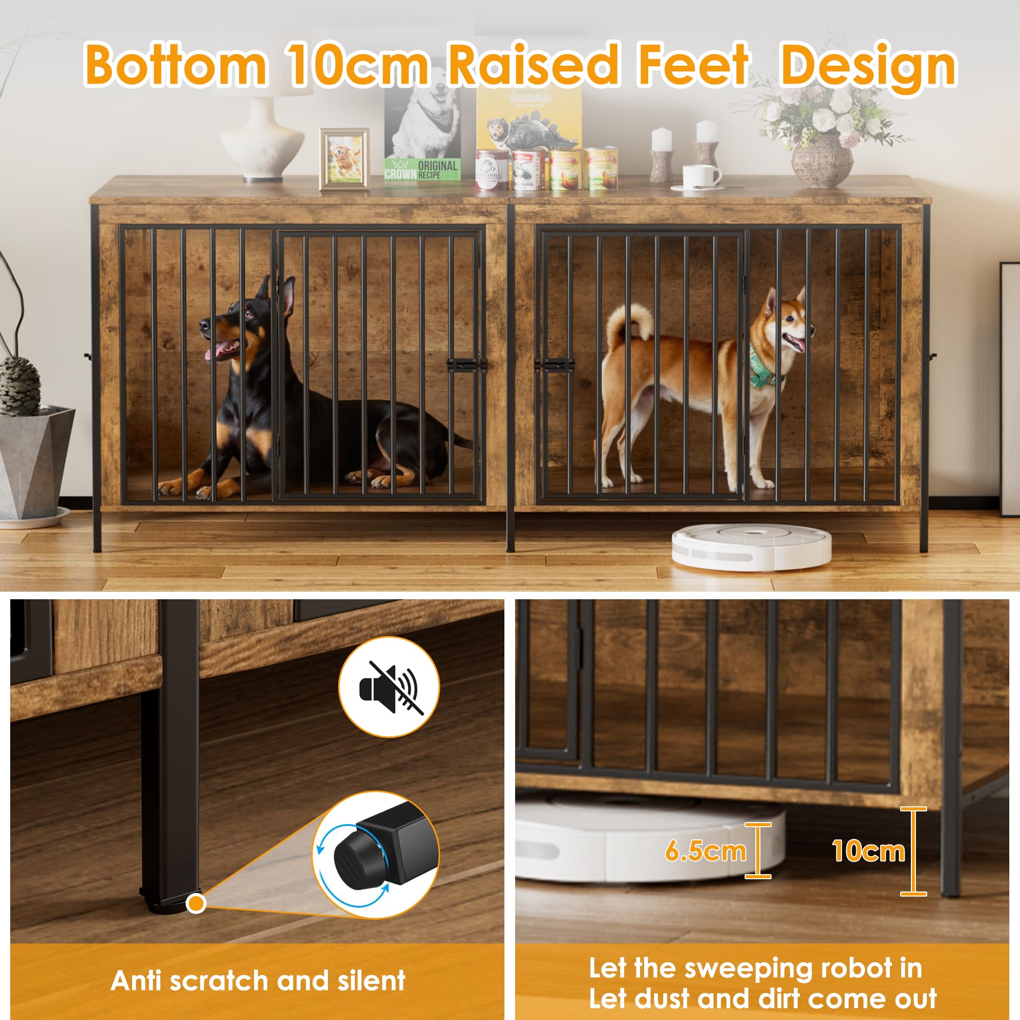 Gabbia per Cani Kennel,200CM Casetta per Cani da Interno,Gabbietta per Animali in Metallo e Legno,Tavolo Supplement,XXL Cuccia Robusta per Dog con Divisorio,Casetta per Animali,4 Porte,Fino a 100KG