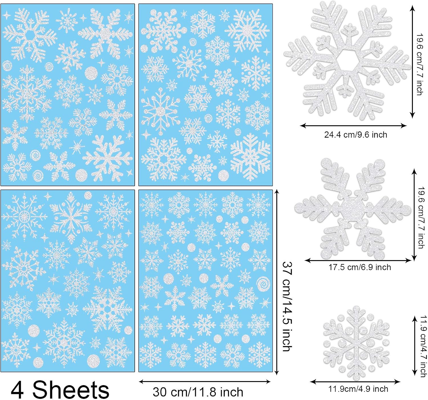 LessMo 145 PCS Christmas Window Clings, Christmas Glitter Silver Snowflake Window Sticker Decals, Ideal for Window Glass Mirror Decorations Ornament Xmas Holiday Party Supplies