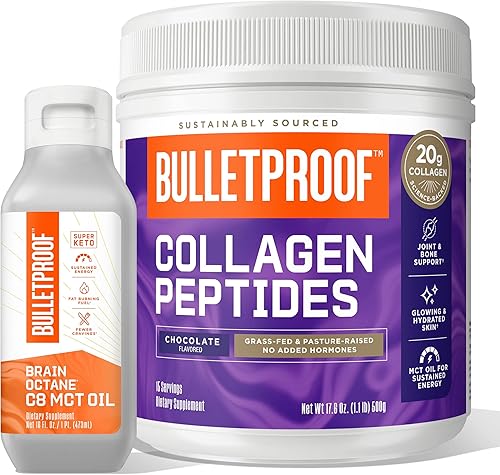 Bulletproof Brain Octane Premium C8 MCT Aceite de cocos sin OMG, 0.45 oz de MCT, 16 onzas líquidas, proteína de colágeno de chocolate en polvo con
