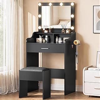 Small Black Vanity Desk with Mirror and Lights 3 Colors, Compact Vanity ...