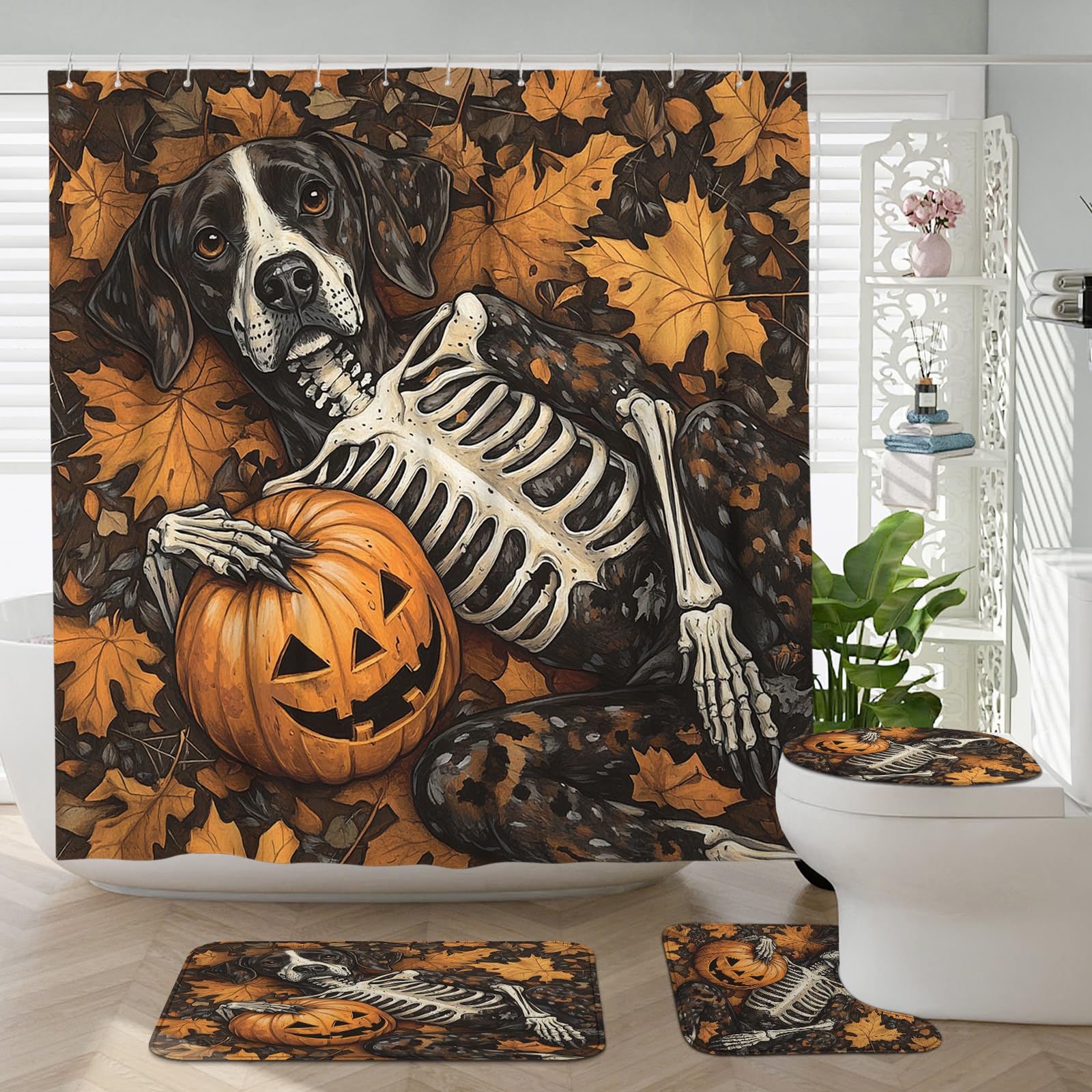 Ensemble rideau de douche citrouille et tapis pour une salle de bain ambiance automne