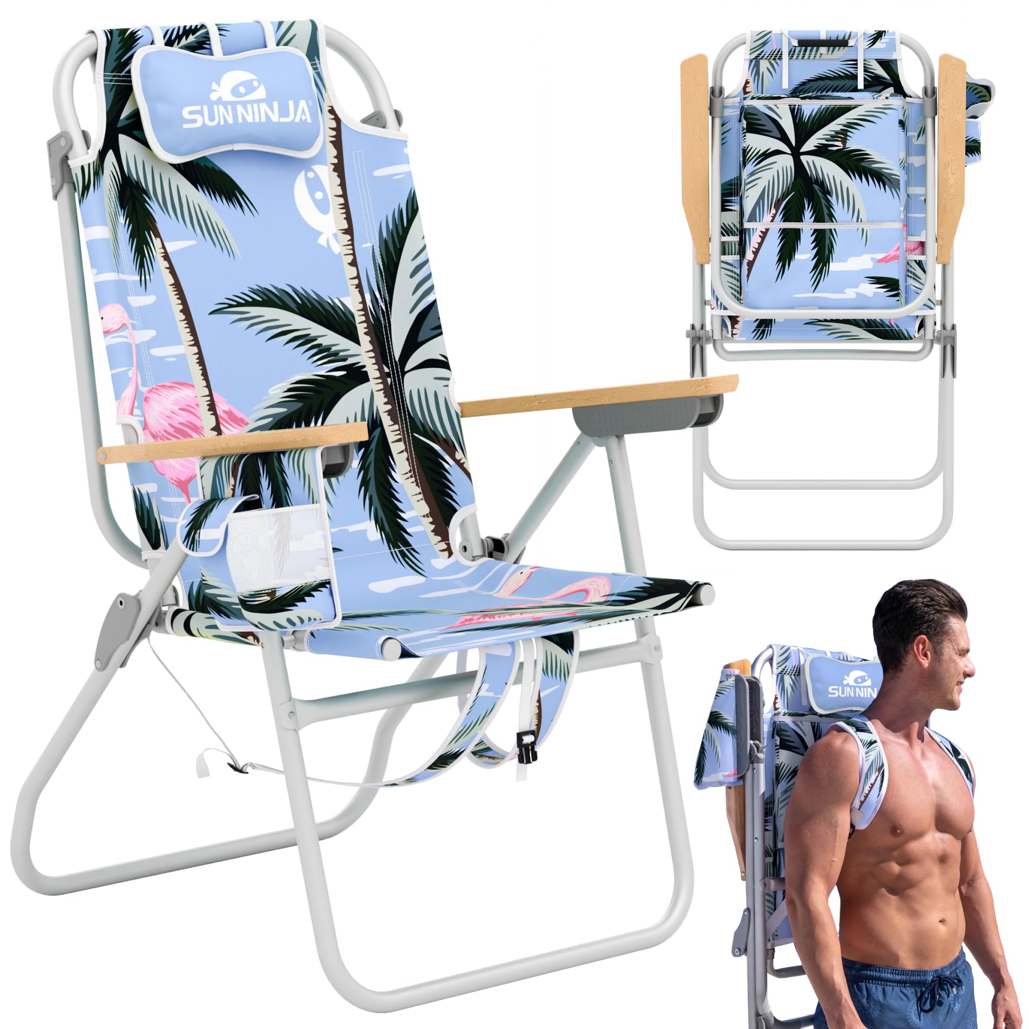 SUN NINJA Folding Beach Chair for Adults with 17" seat Height - 1pc