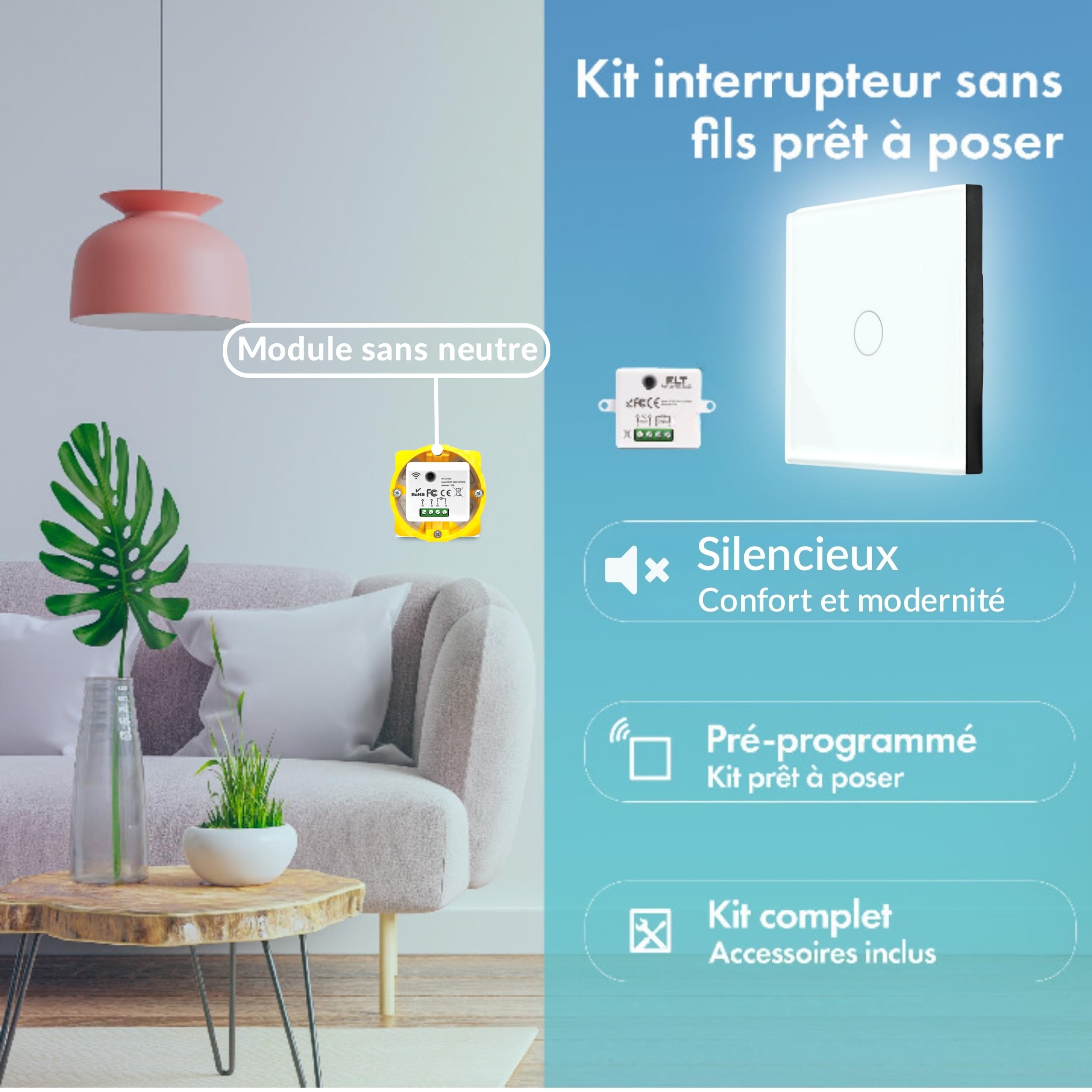 KIT Interrupteur sans fil - Bouton tactile va et vient prêt à poser – 2 Télécommande murale + 1 interrupteur relais récepteur radio encastrable sans neutre - Compatible Led