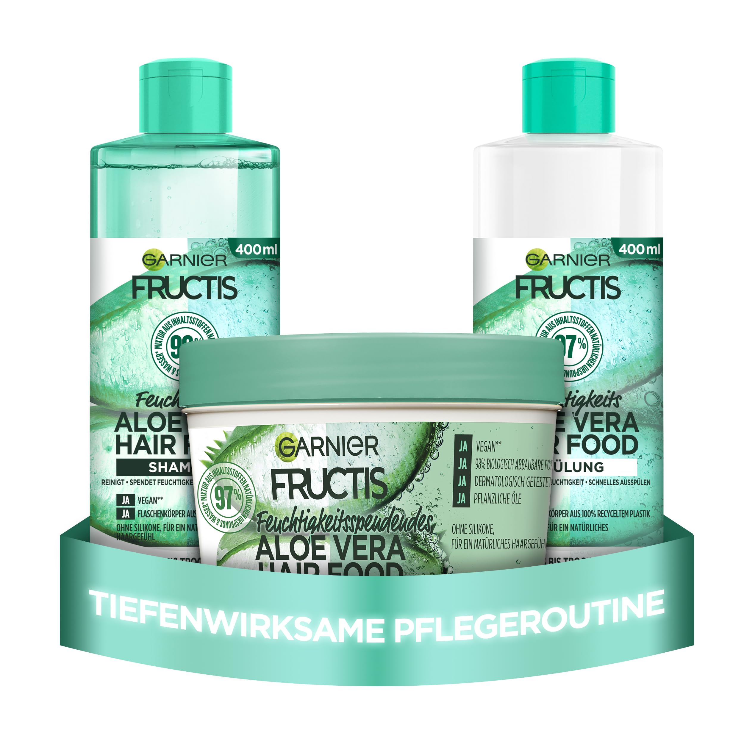 Garnier Zestaw do włosów suchych z aloesem, z maską 3 w 1, szamponem i odżywką, beztroska pielęgnacja zapobiegająca puszeniu się, zestaw Fructis Hair Food Set, 3 x 400 ml