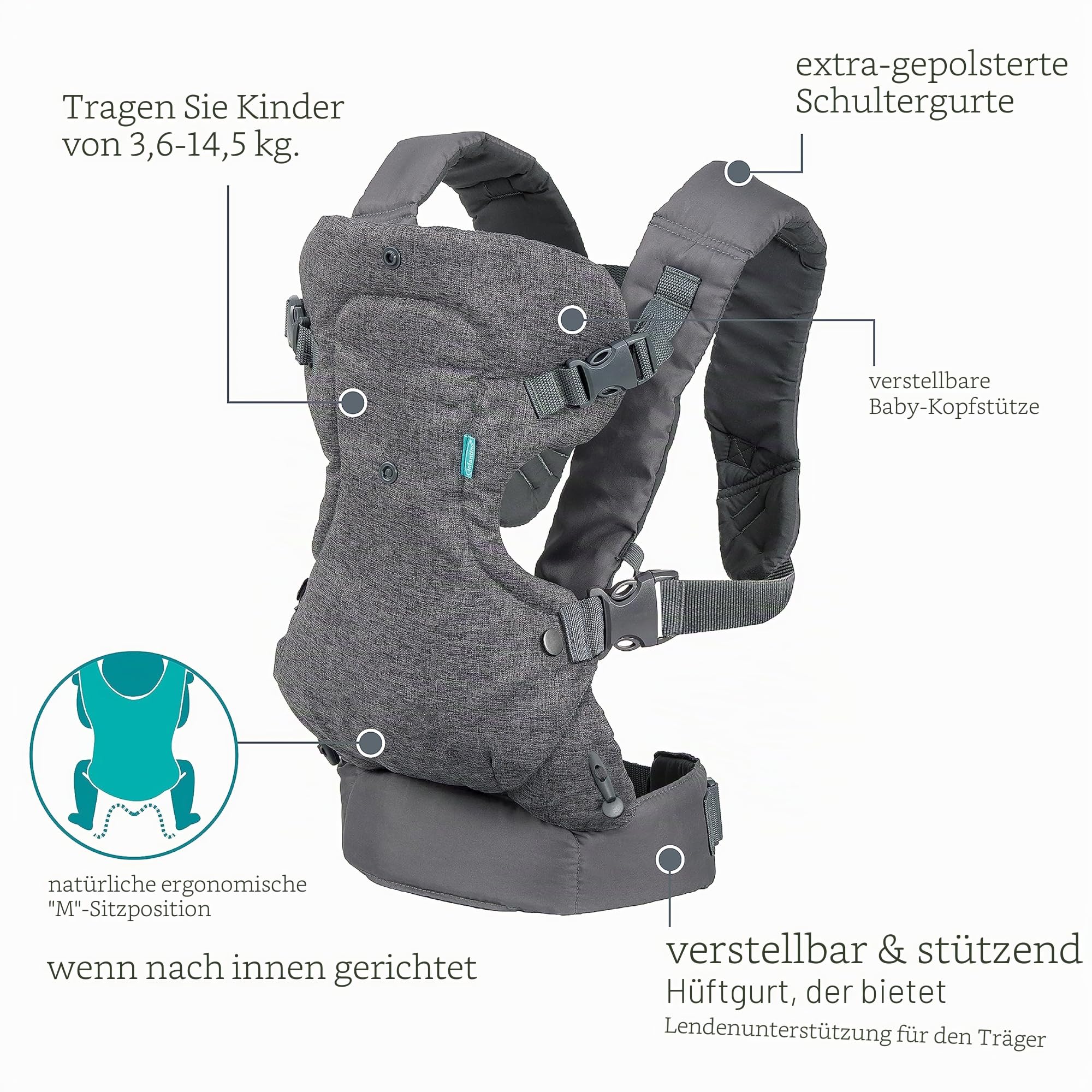 Infantino Flip Advanced 4-in-1 Babytrage, Ergonomisch, Umwandelbar, mit Blickrichtung Nach Innen und Außen, Vorne und Hinten Tragbar für Neugeborene bis Kleinkinder von 3,6-14,5 kg, Grau