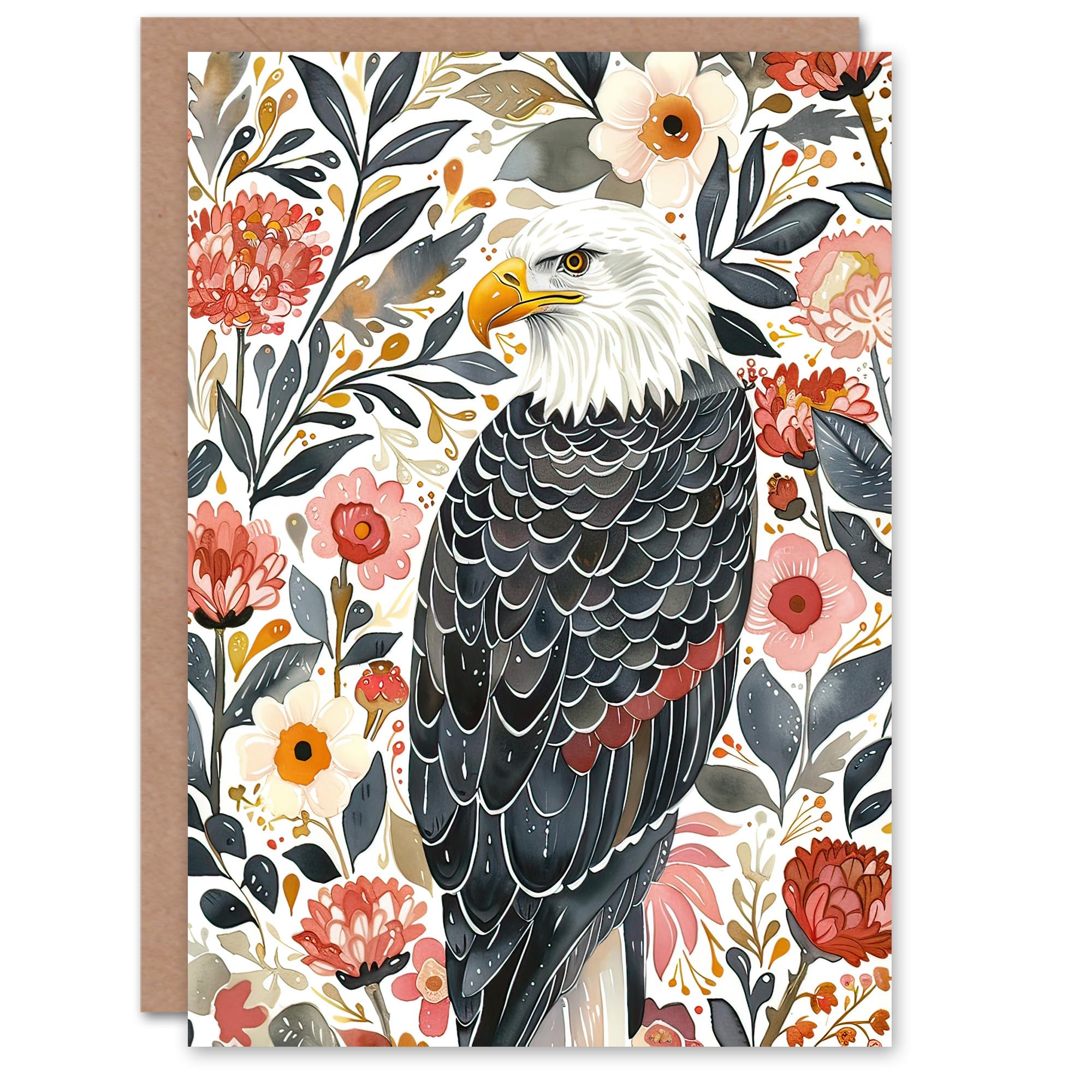 Artery8 Greeting Card American Bald Eagle Floral Watercolour Portrait For Her Woman Birthday Card