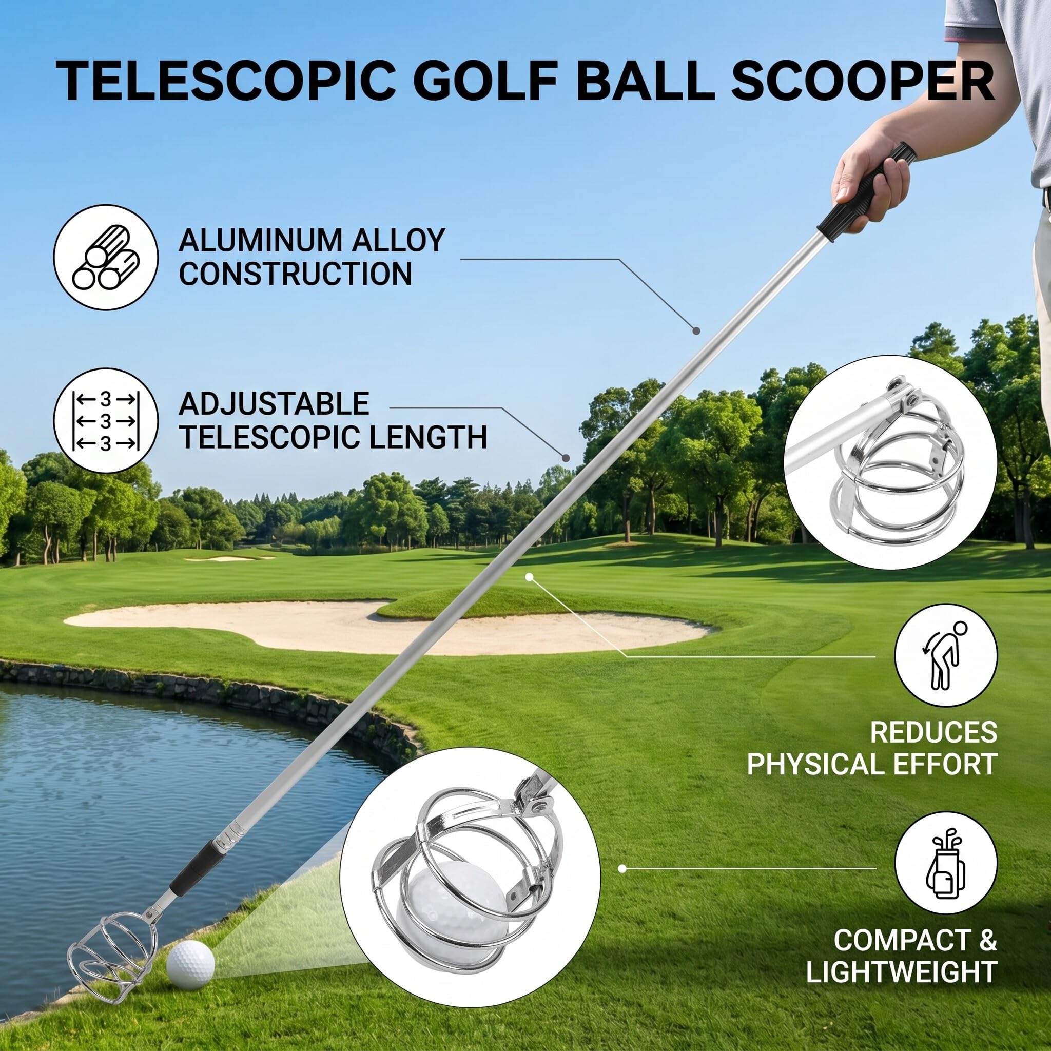 Recogedor de Pelotas de Golf Telescópico de Aluminio de 3 Secciones